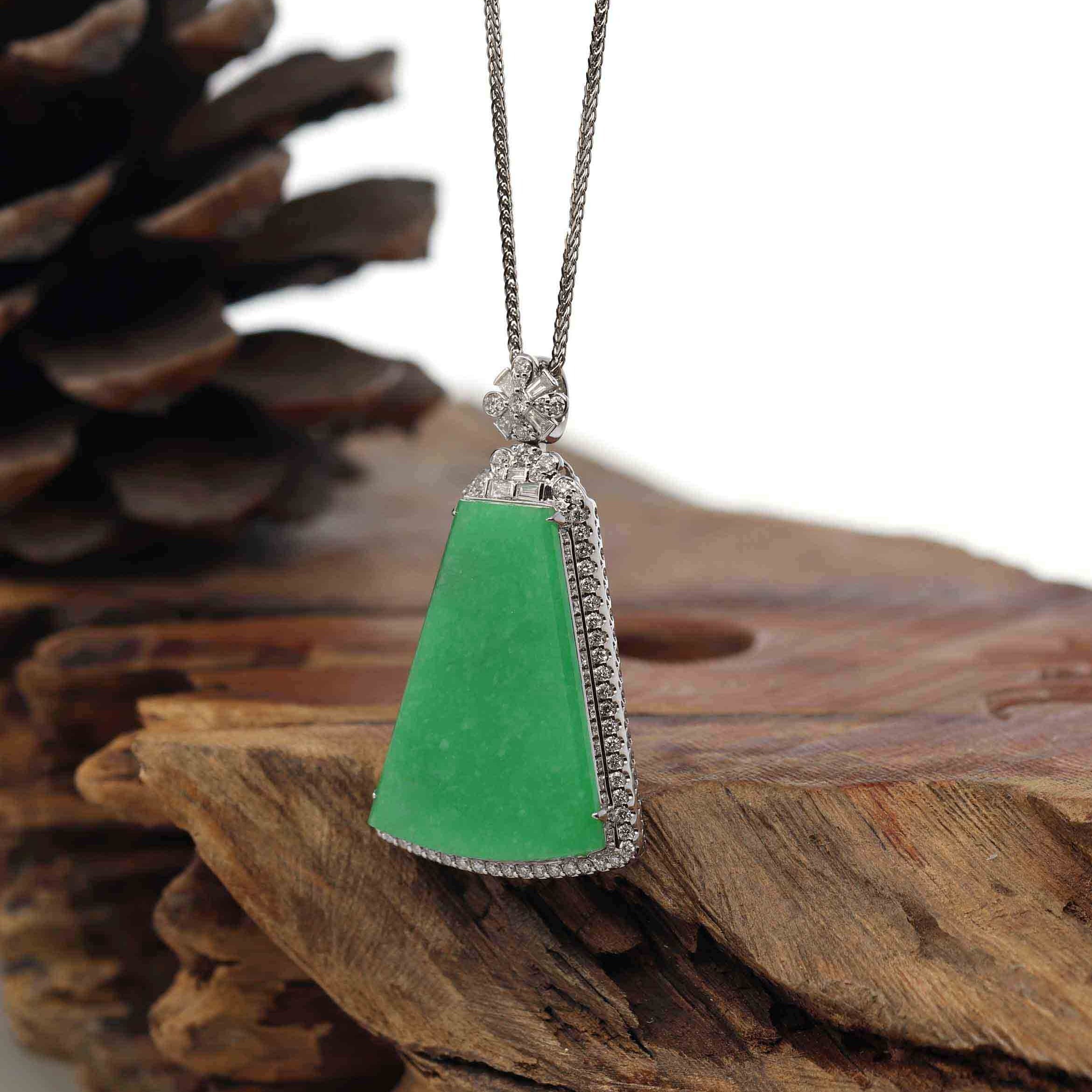 18K White Bright Green Fish Jadeite Jade Diamond Pendant with18K White Gold  Chain - H&F Jewellery and Jade