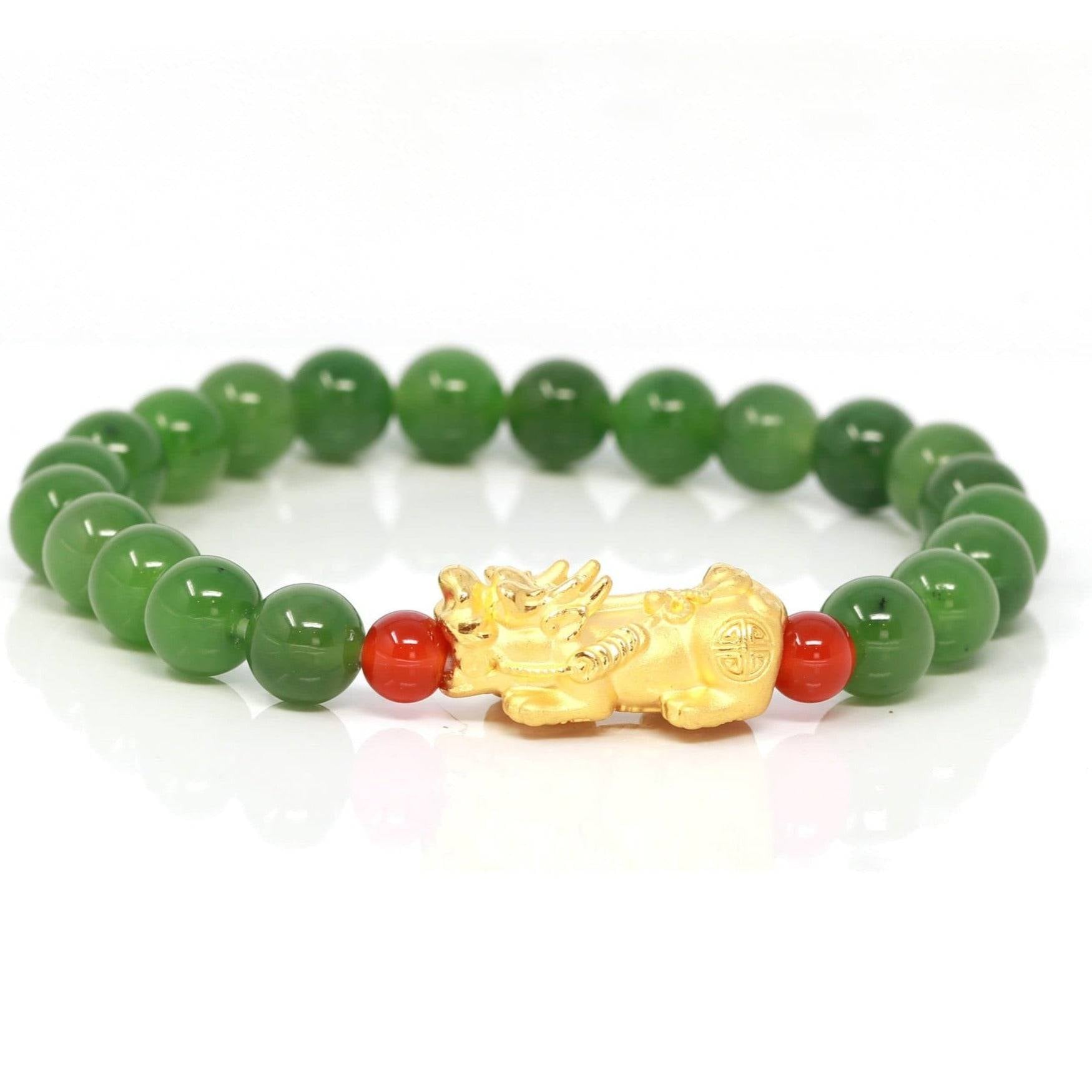 Real Green Jade Beads Bracelet Bangle | Real Jade & Yellow Gold