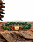 Baikalla Jewelry jade beads bracelet 24K Pure Yellow Gold Buddha Symbol Tongtong With Genuine Green Jade Round Beads Bracelet Bangle ( 9.5 mm )