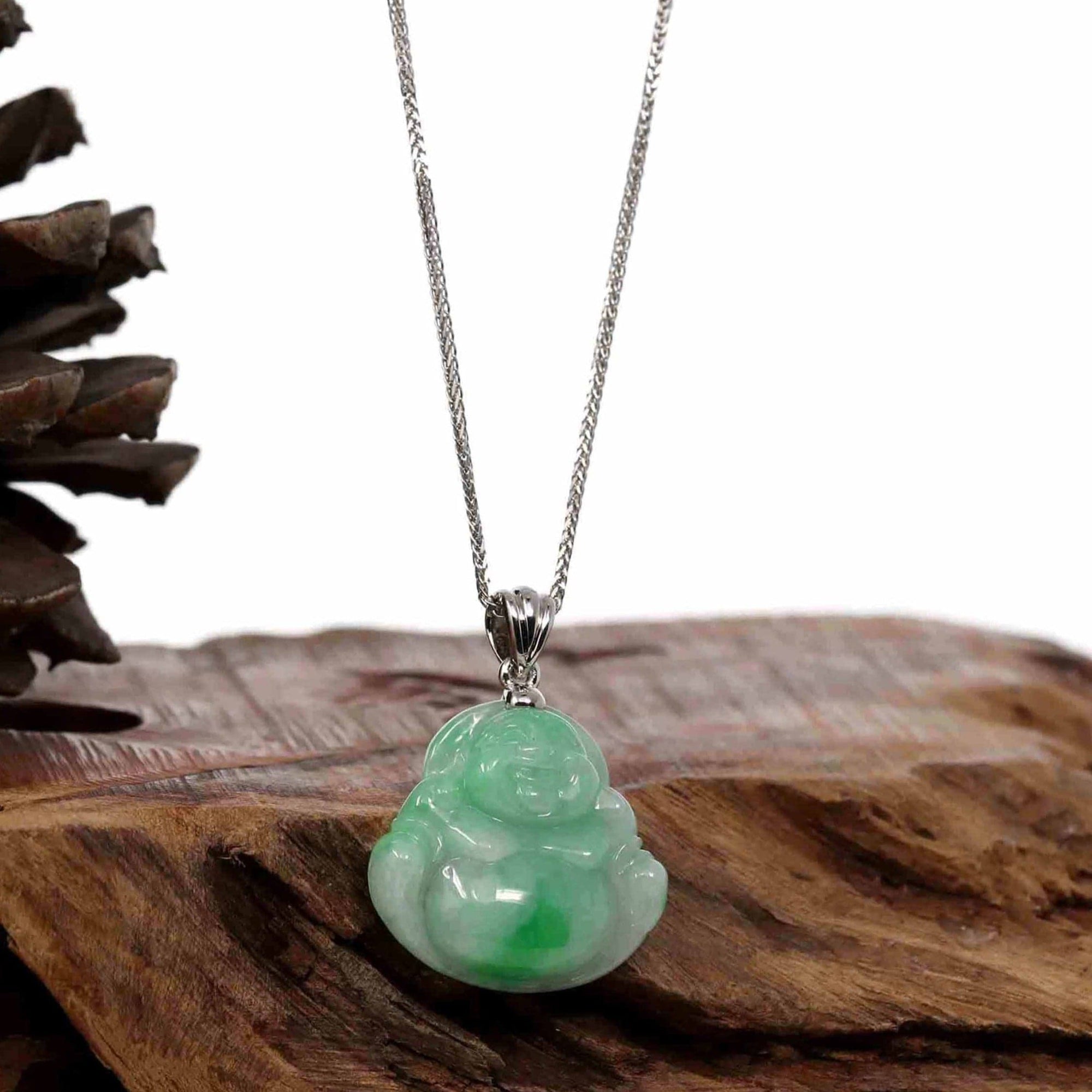 Baikalla Jewelry Jade Buddha Pendant "Laughing Buddha" Genuine Vibrant Green Jadeite Buddha Pendant Necklace With Sterling Silver Bail