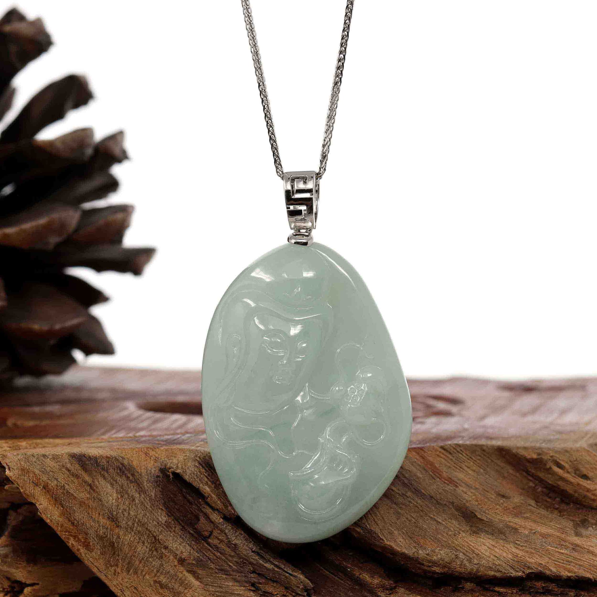 Baikalla Jewelry Jadeite Jade Buddha & Guanyin Copy of Genuine Burmese light Green Jadeite Jade Guanyin Pendant Necklace