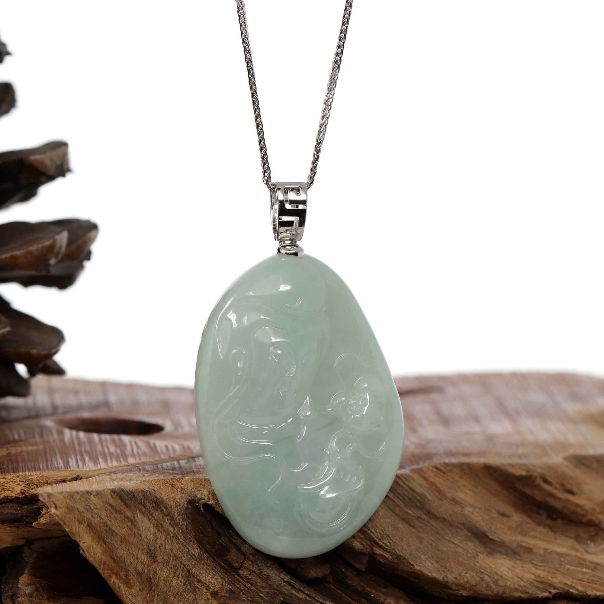 Baikalla Jewelry Jadeite Jade Buddha & Guanyin Copy of Genuine Burmese light Green Jadeite Jade Guanyin Pendant Necklace