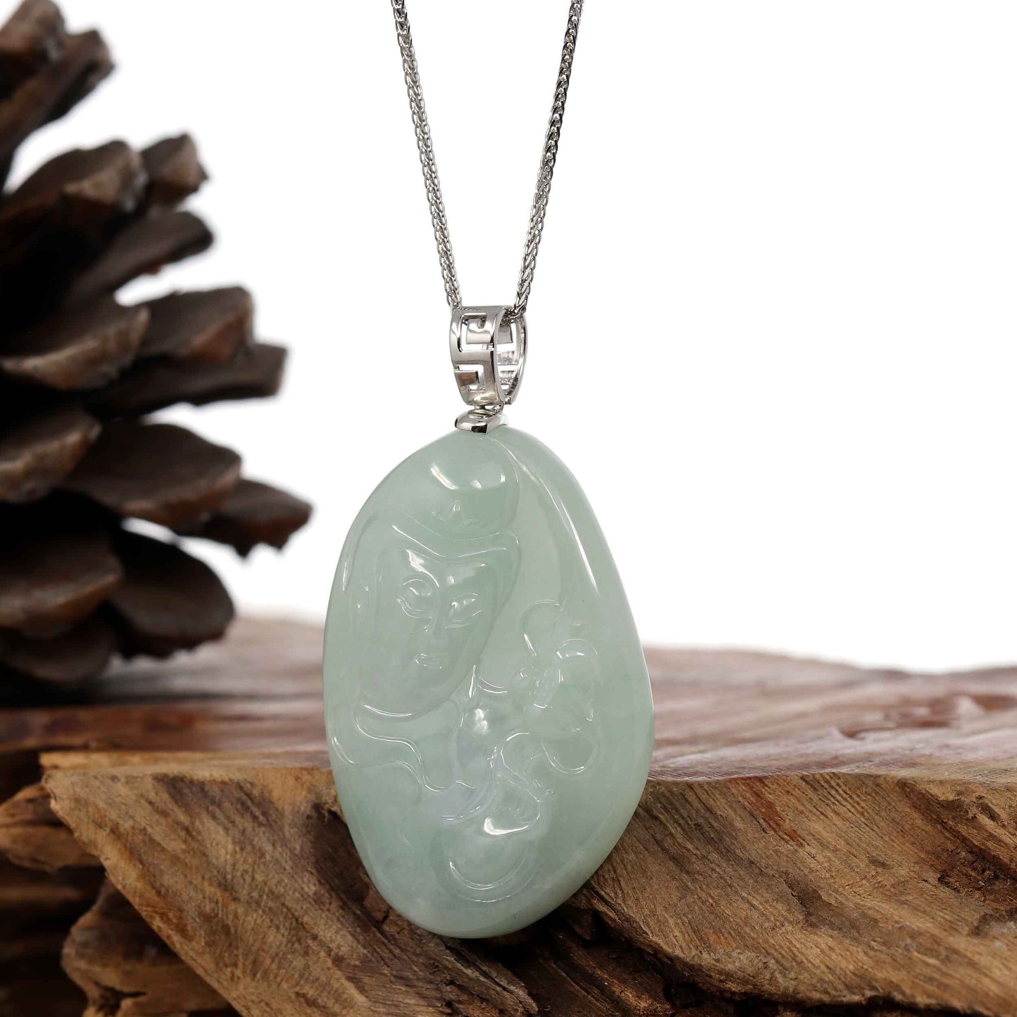 Baikalla Jewelry Jadeite Jade Buddha & Guanyin Copy of Genuine Burmese light Green Jadeite Jade Guanyin Pendant Necklace