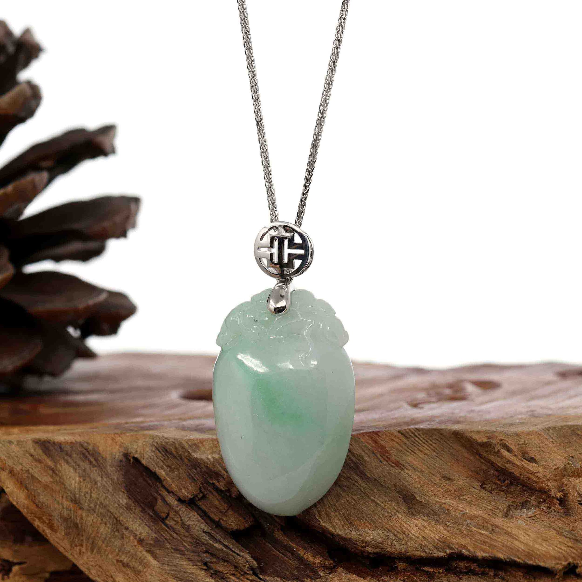 Baikalla Jewelry Jade Pendant Copy of Copy of Copy of "Shou Tao" (Longevity Peach) Natural Light green Jadeite Jade, Necklace With Silver Bail