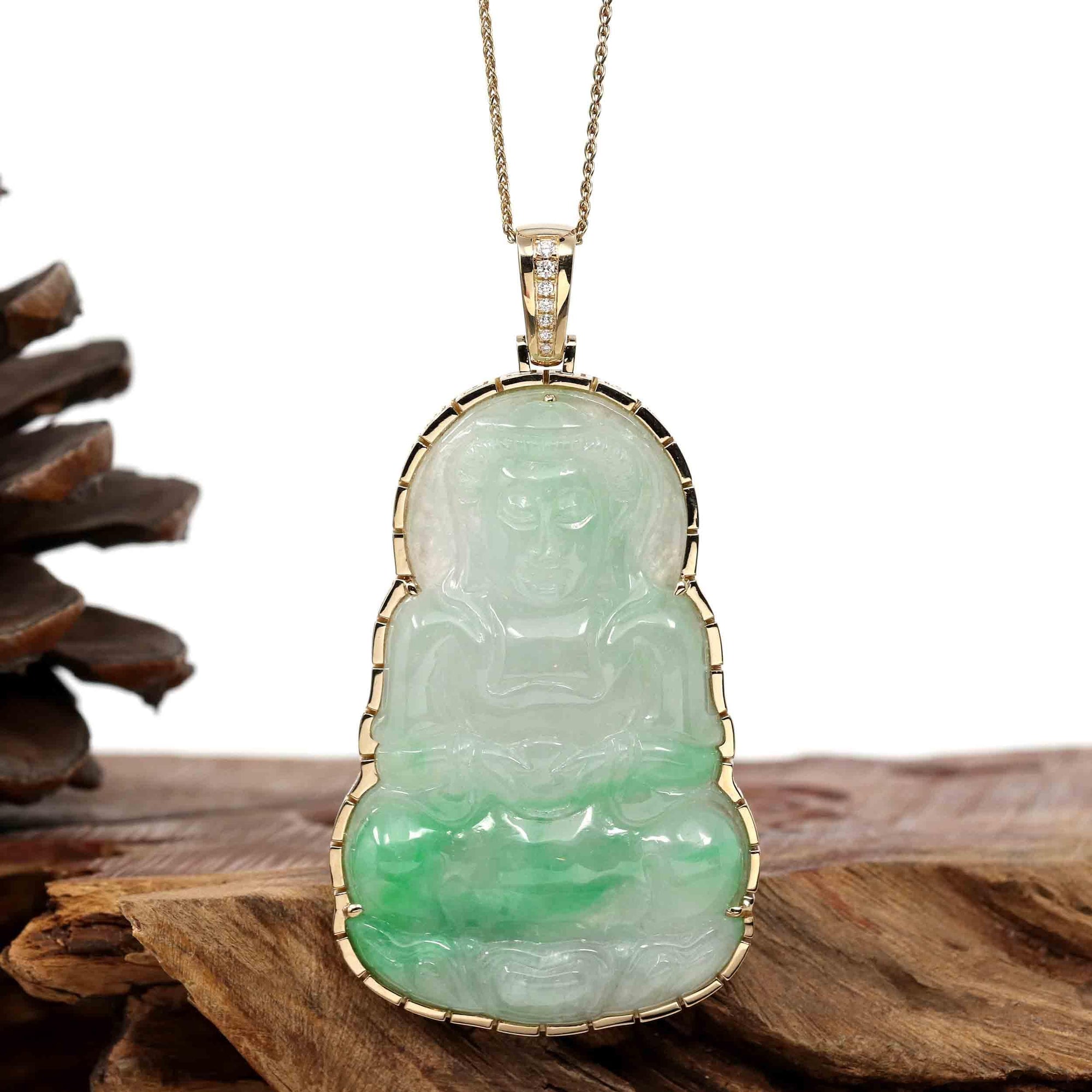 Baikalla Jewelry Jade Guanyin Pendant Necklace Copy of "Goddess of Compassion" 14k Yellow Gold Genuine Burmese Jadeite Jade Guanyin Necklace With Good Luck Design