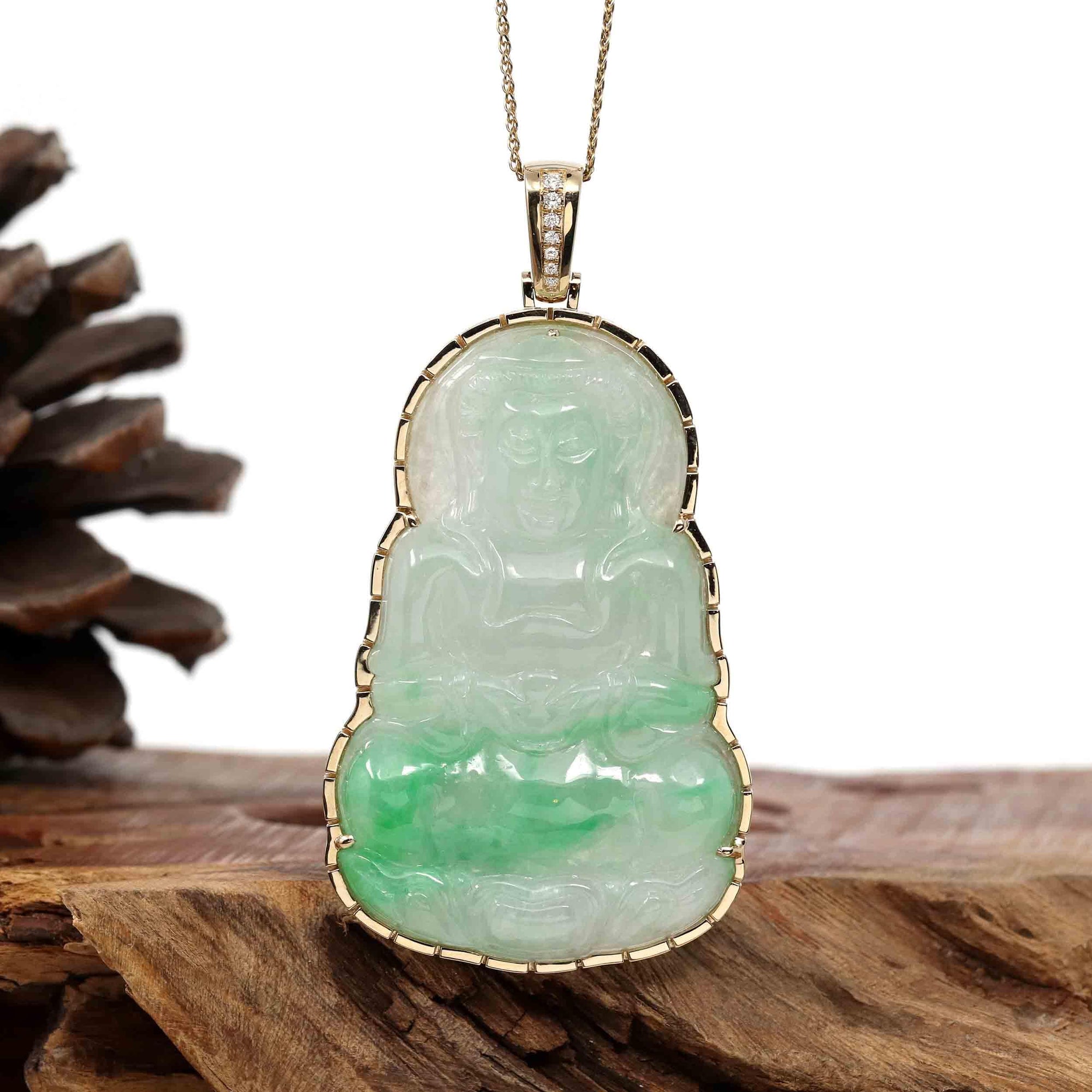 Baikalla Jewelry Jade Guanyin Pendant Necklace Copy of "Goddess of Compassion" 14k Yellow Gold Genuine Burmese Jadeite Jade Guanyin Necklace With Good Luck Design