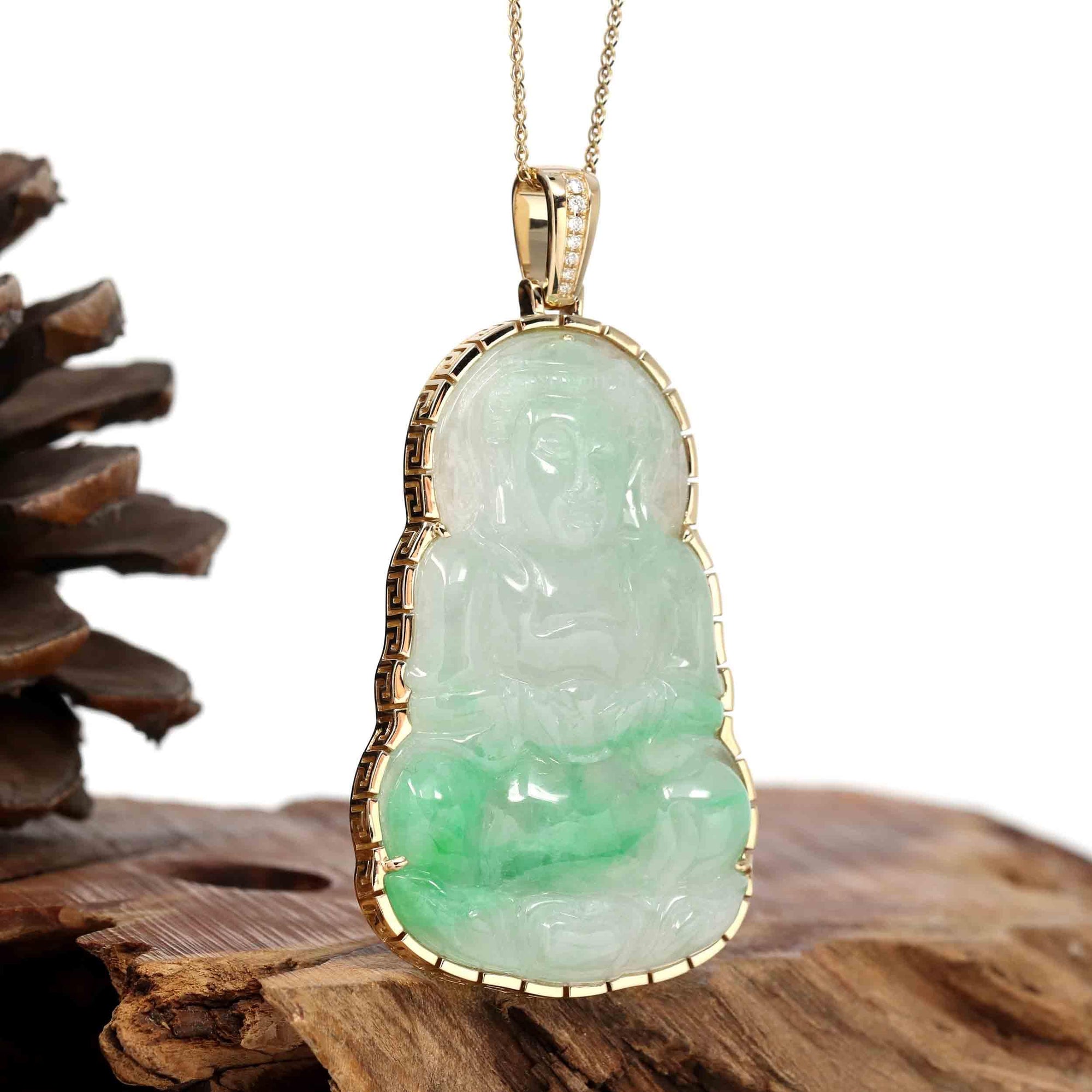 Baikalla Jewelry Jade Guanyin Pendant Necklace Copy of "Goddess of Compassion" 14k Yellow Gold Genuine Burmese Jadeite Jade Guanyin Necklace With Good Luck Design