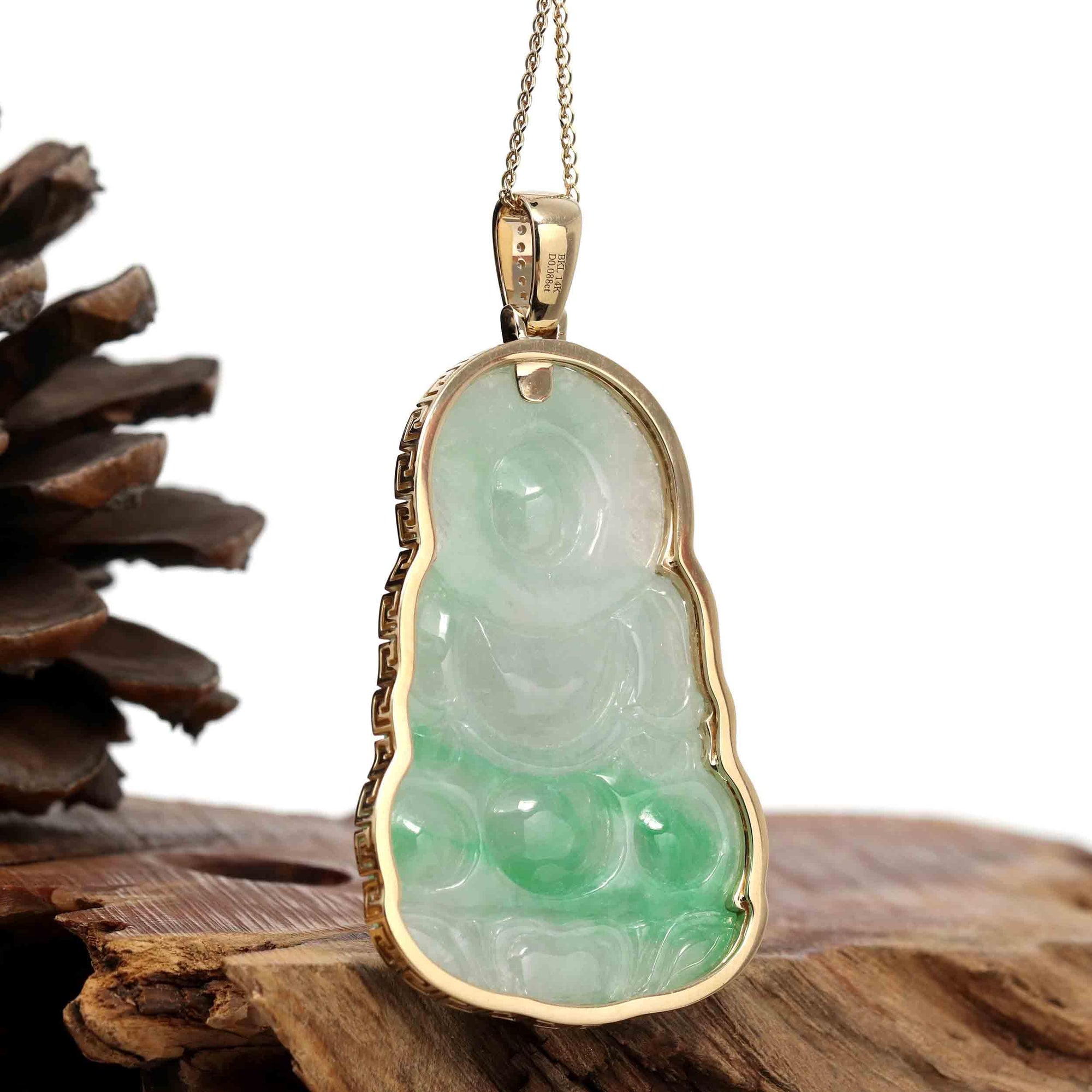 Baikalla Jewelry Jade Guanyin Pendant Necklace Copy of "Goddess of Compassion" 14k Yellow Gold Genuine Burmese Jadeite Jade Guanyin Necklace With Good Luck Design