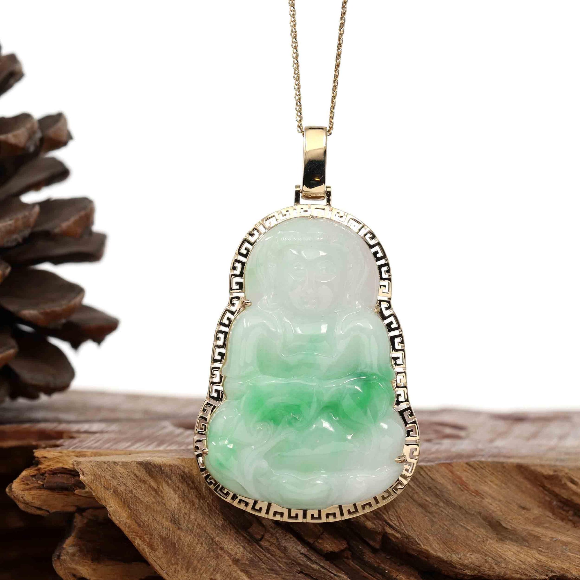 Baikalla Jewelry Jade Guanyin Pendant Necklace Nylon String Necklace Copy of Copy of Copy of &quot;Goddess of Compassion&quot; 14k Yellow Gold Genuine Burmese Jadeite Jade Guanyin Necklace With Good Luck Design