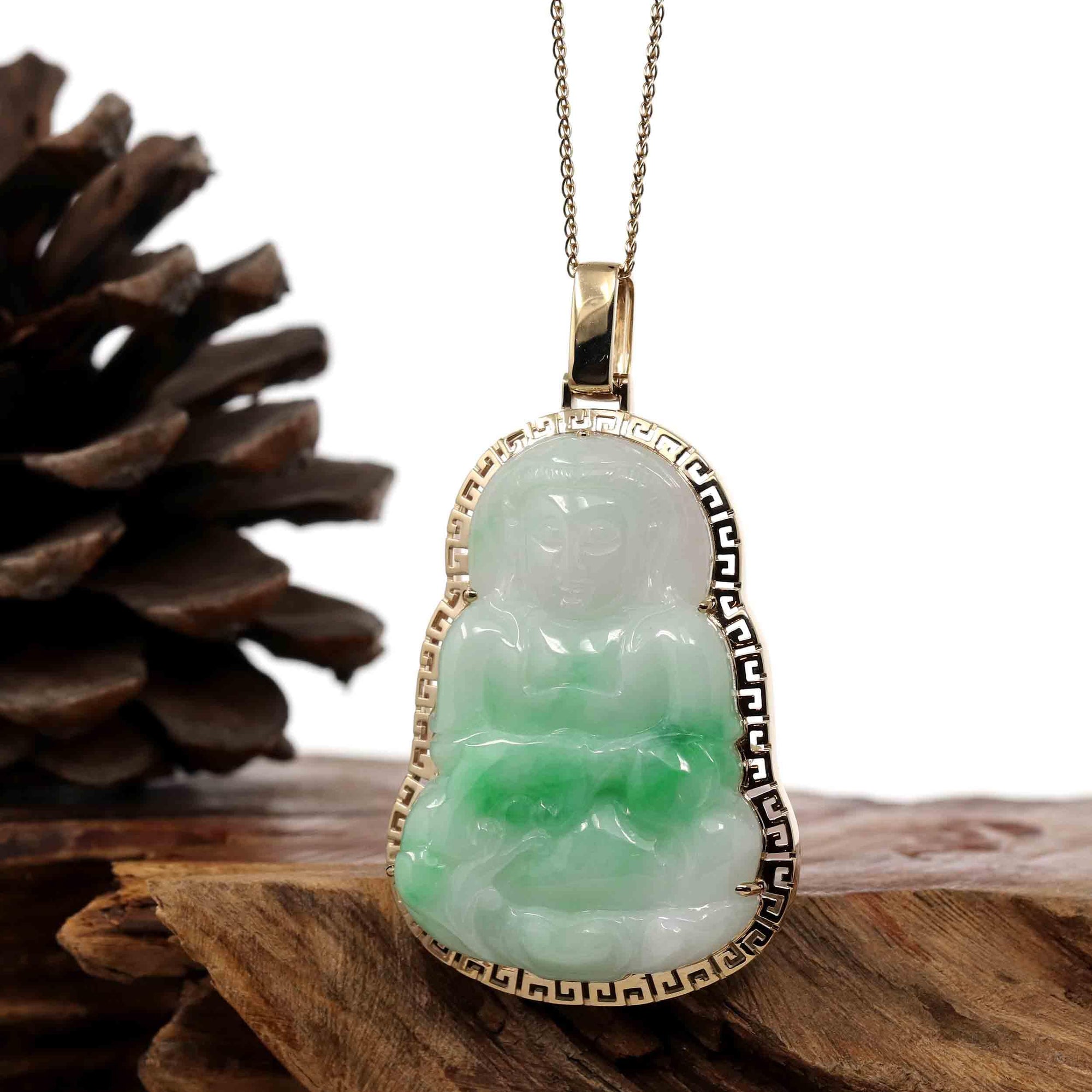 Baikalla Jewelry Jade Guanyin Pendant Necklace Copy of Copy of Copy of &quot;Goddess of Compassion&quot; 14k Yellow Gold Genuine Burmese Jadeite Jade Guanyin Necklace With Good Luck Design