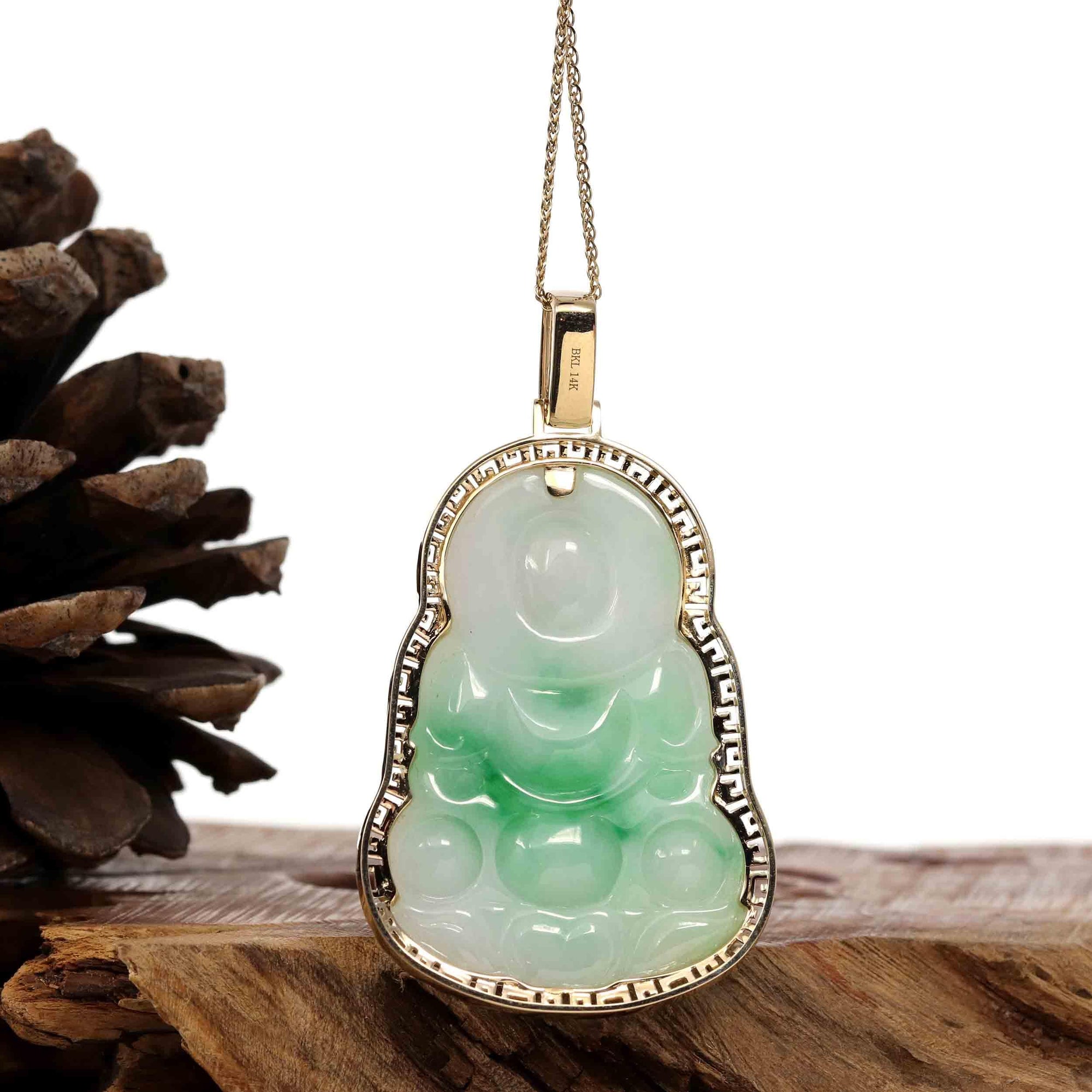 Baikalla Jewelry Jade Guanyin Pendant Necklace Copy of Copy of Copy of "Goddess of Compassion" 14k Yellow Gold Genuine Burmese Jadeite Jade Guanyin Necklace With Good Luck Design