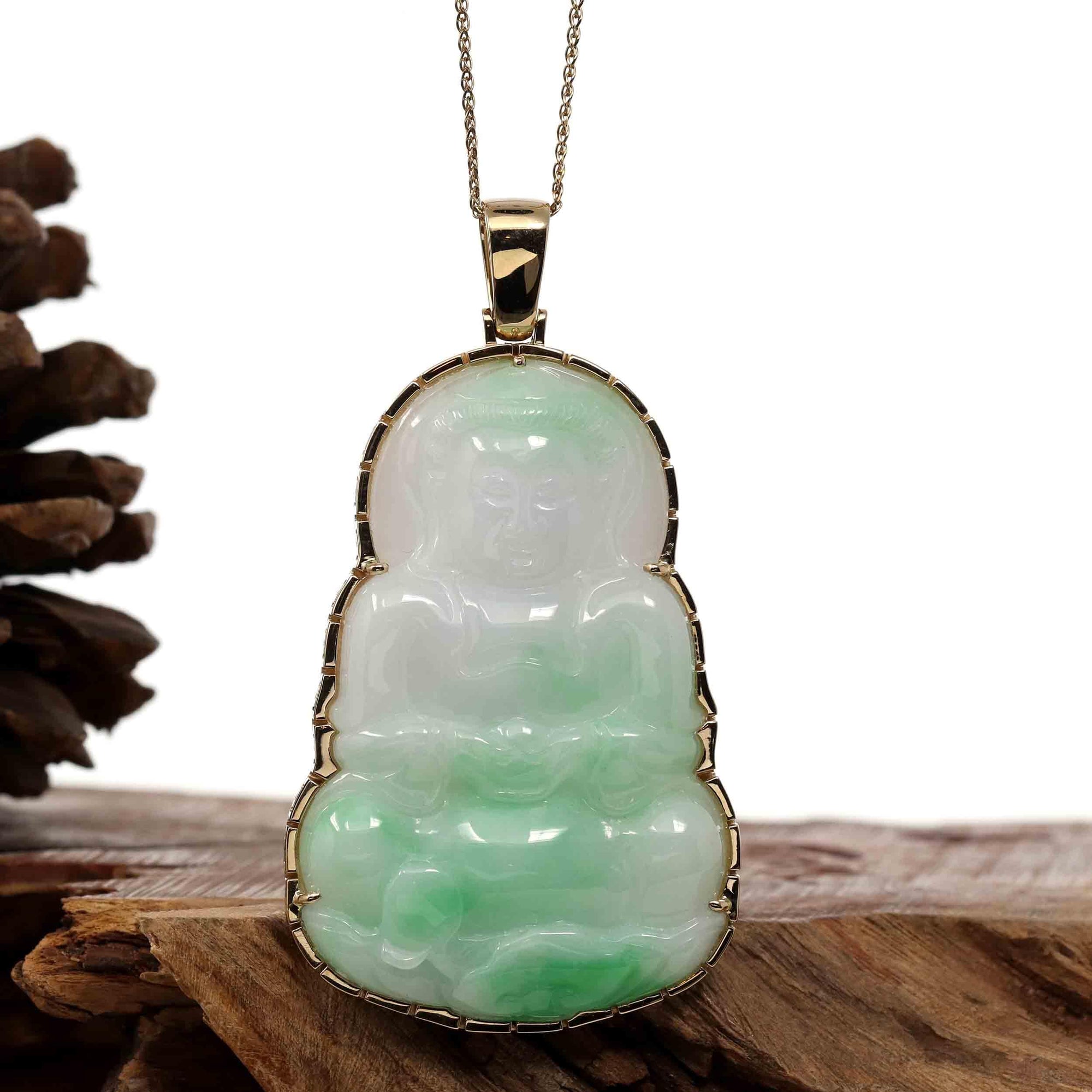 Baikalla Jewelry Jade Guanyin Pendant Necklace Nylon String Necklace Copy of Copy of &quot;Goddess of Compassion&quot; 14k Yellow Gold Genuine Burmese Jadeite Jade Guanyin Necklace With Good Luck Design