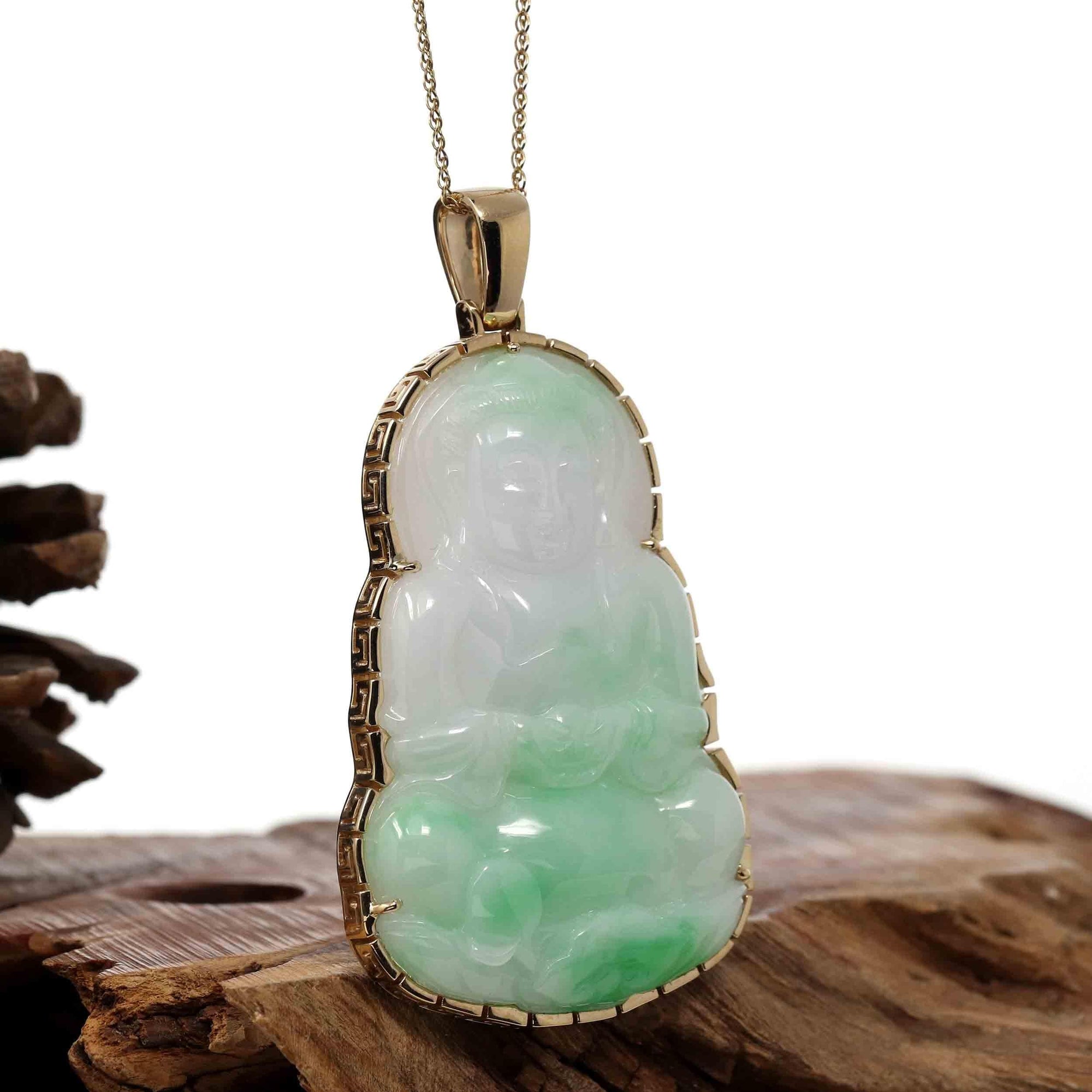 Baikalla Jewelry Jade Guanyin Pendant Necklace Copy of Copy of "Goddess of Compassion" 14k Yellow Gold Genuine Burmese Jadeite Jade Guanyin Necklace With Good Luck Design