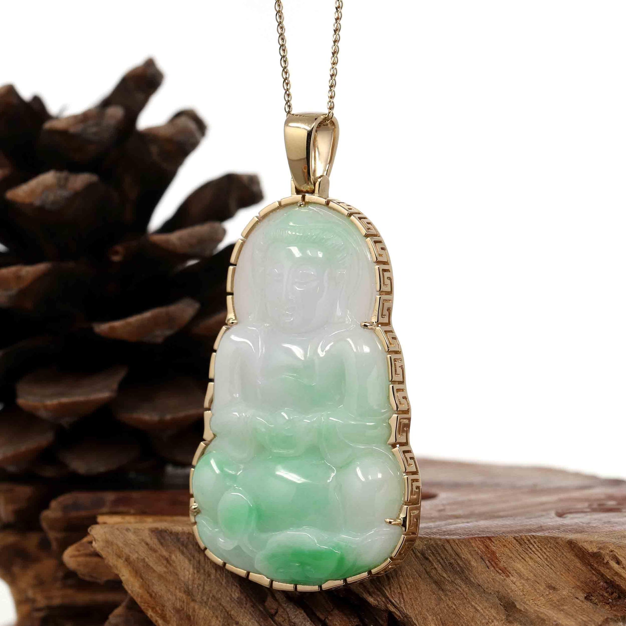 Baikalla Jewelry Jade Guanyin Pendant Necklace Copy of Copy of &quot;Goddess of Compassion&quot; 14k Yellow Gold Genuine Burmese Jadeite Jade Guanyin Necklace With Good Luck Design