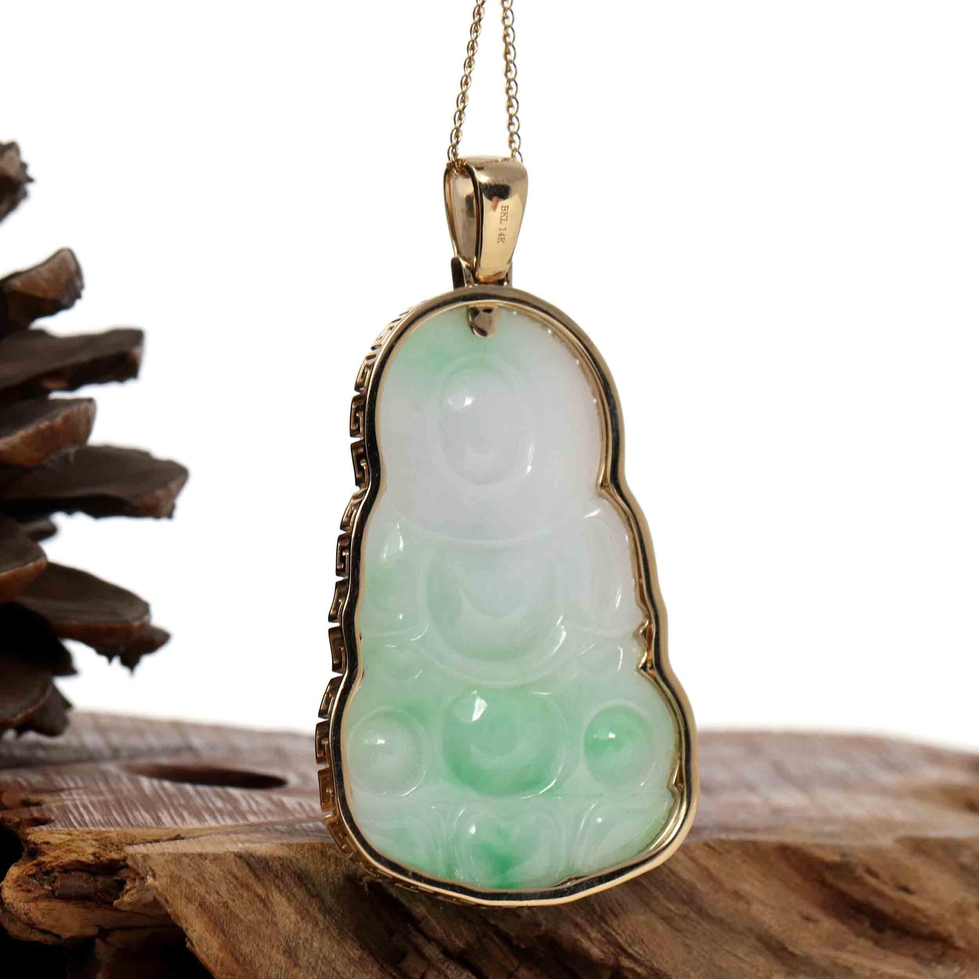 Baikalla Jewelry Jade Guanyin Pendant Necklace Copy of Copy of "Goddess of Compassion" 14k Yellow Gold Genuine Burmese Jadeite Jade Guanyin Necklace With Good Luck Design