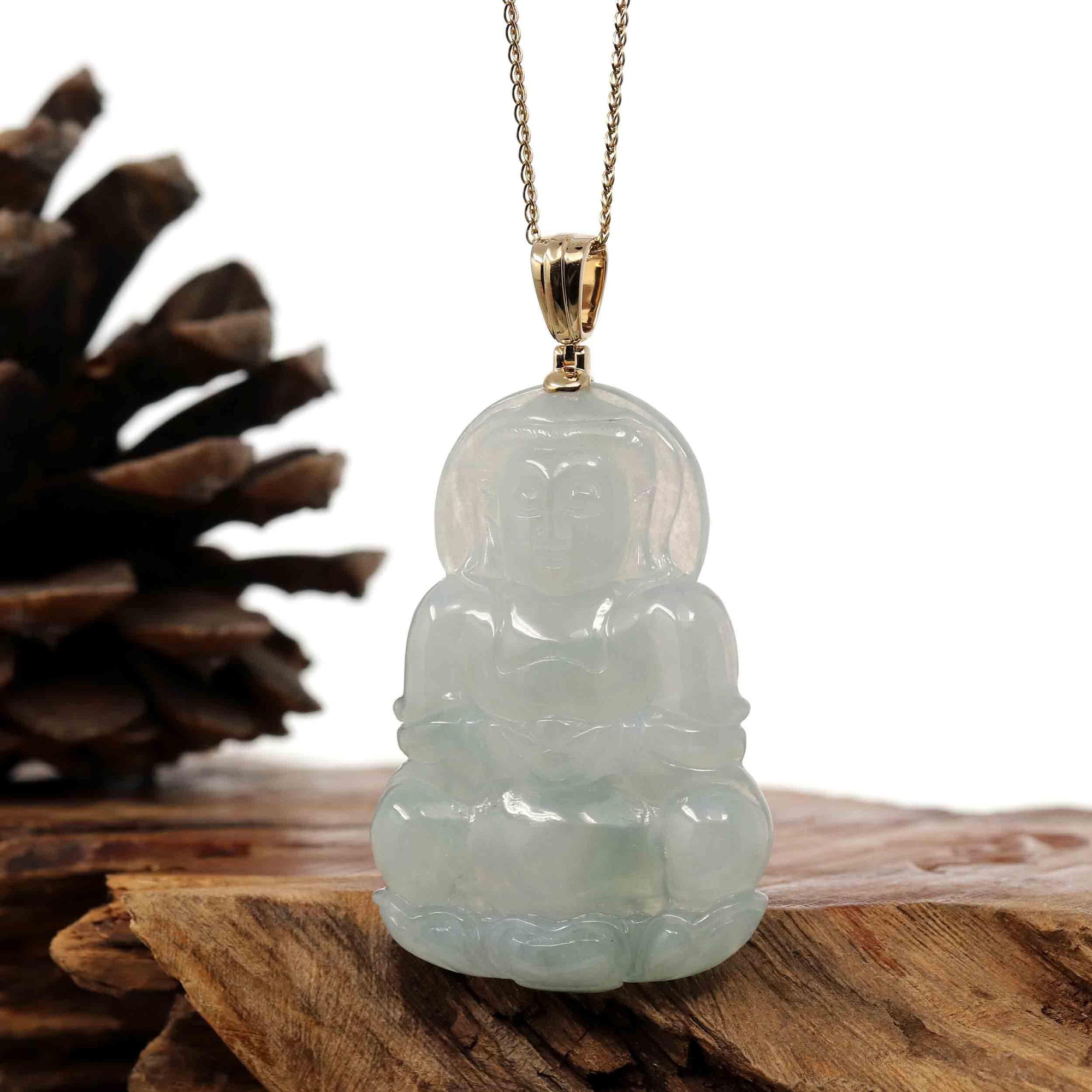 Baikalla Jewelry Jade Guanyin Pendant Necklace Nylon String Necklace Baikalla 14k &quot;Goddess of Compassion&quot; Genuine Burmese Jadeite Jade Guanyin Pendant With VS1 Diamond Bail