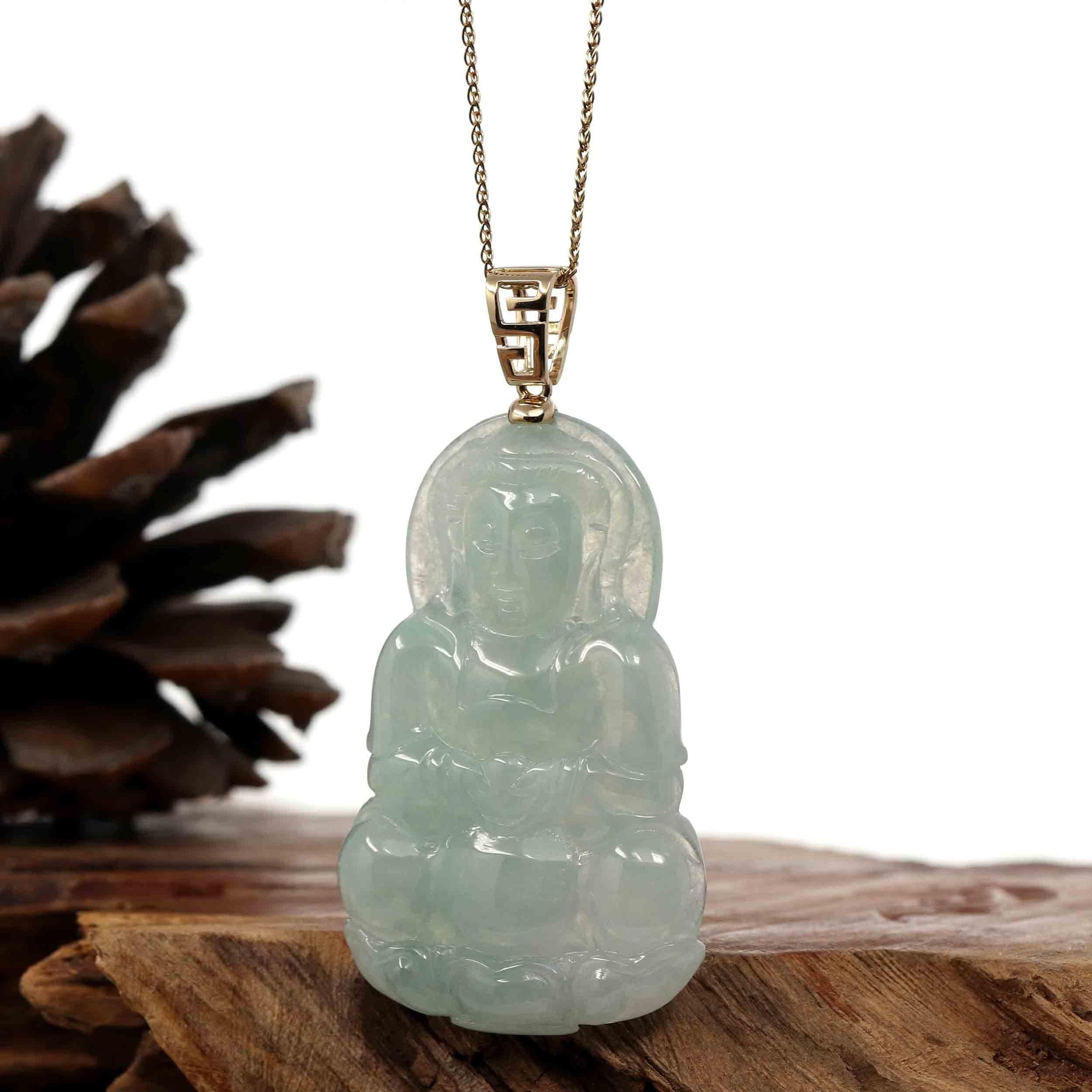 Baikalla Jewelry Jade Guanyin Pendant Necklace Copy of Baikalla 14k "Goddess of Compassion" Genuine Burmese Jadeite Jade Guanyin Pendant With VS1 Diamond Bail