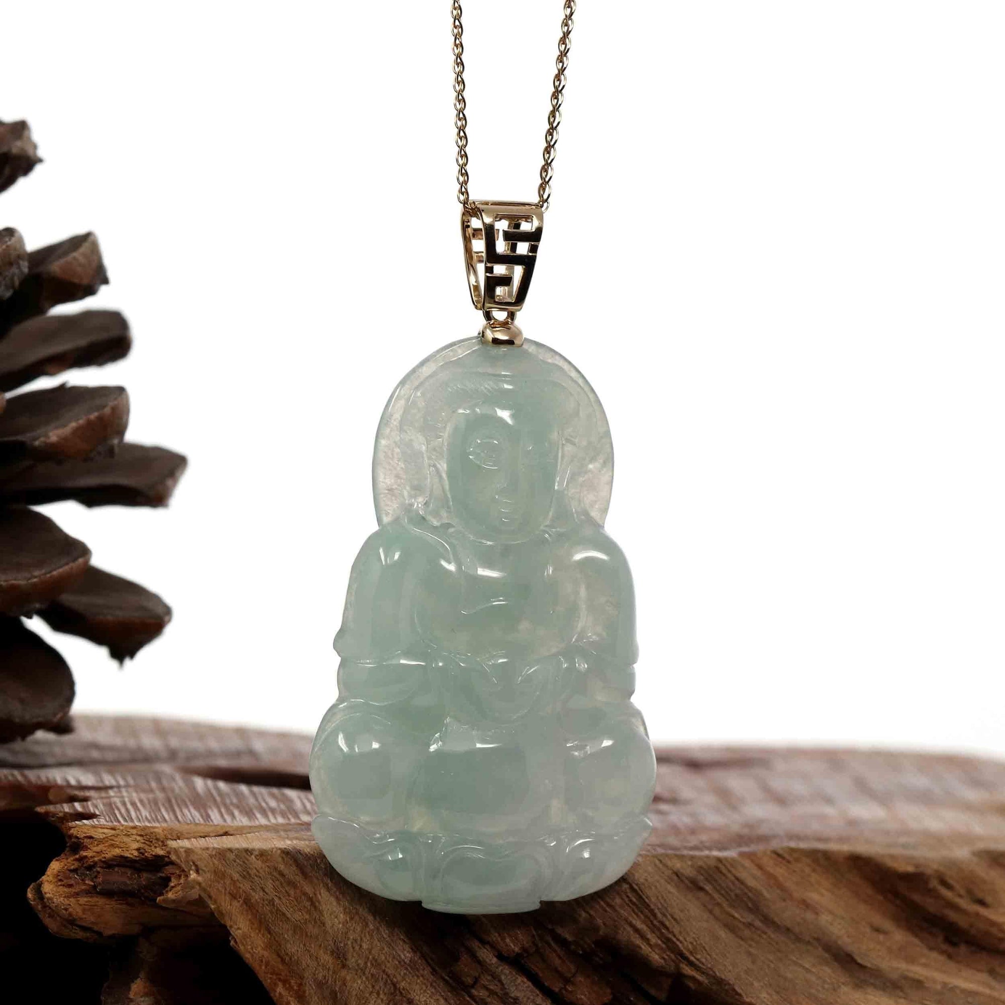 Baikalla Jewelry Jade Guanyin Pendant Necklace Copy of Baikalla 14k "Goddess of Compassion" Genuine Burmese Jadeite Jade Guanyin Pendant With VS1 Diamond Bail