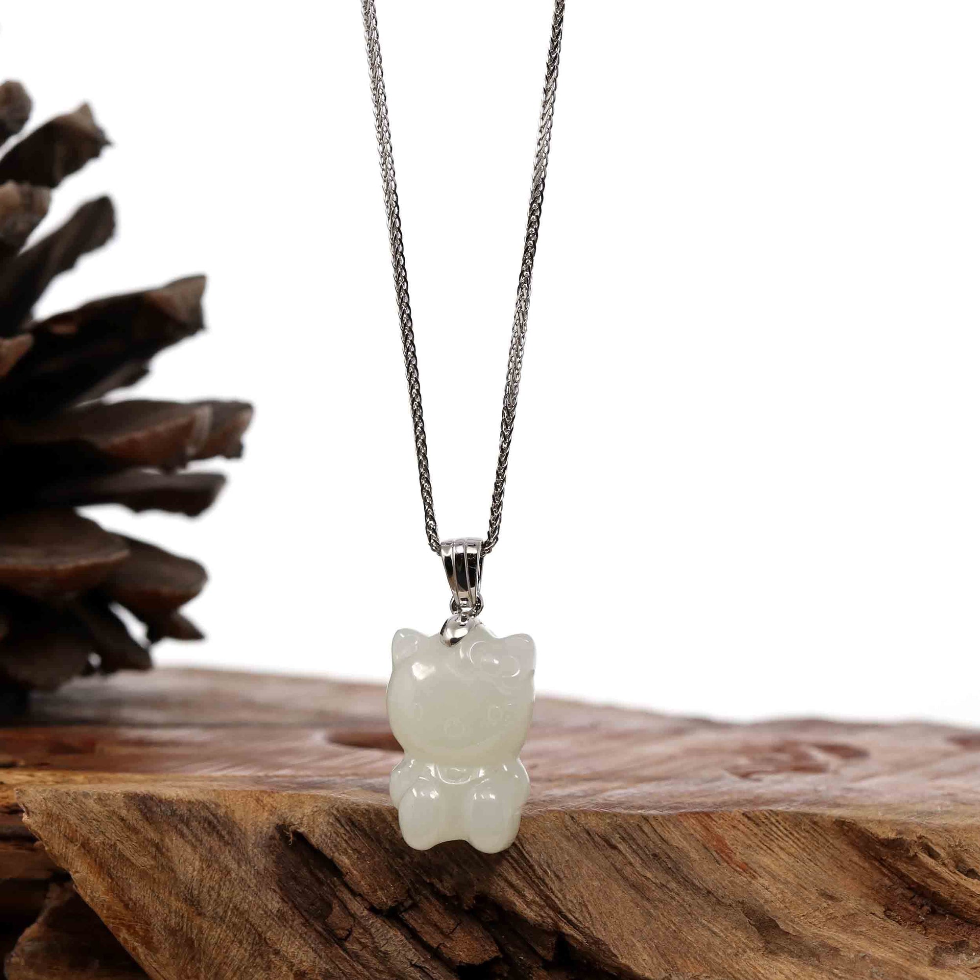 Baikalla Jewelry Jade Pendant Necklace Baikalla &quot;Lucky Kitten&quot; White Nephrite Jade Pendant Necklace With Silver Bail