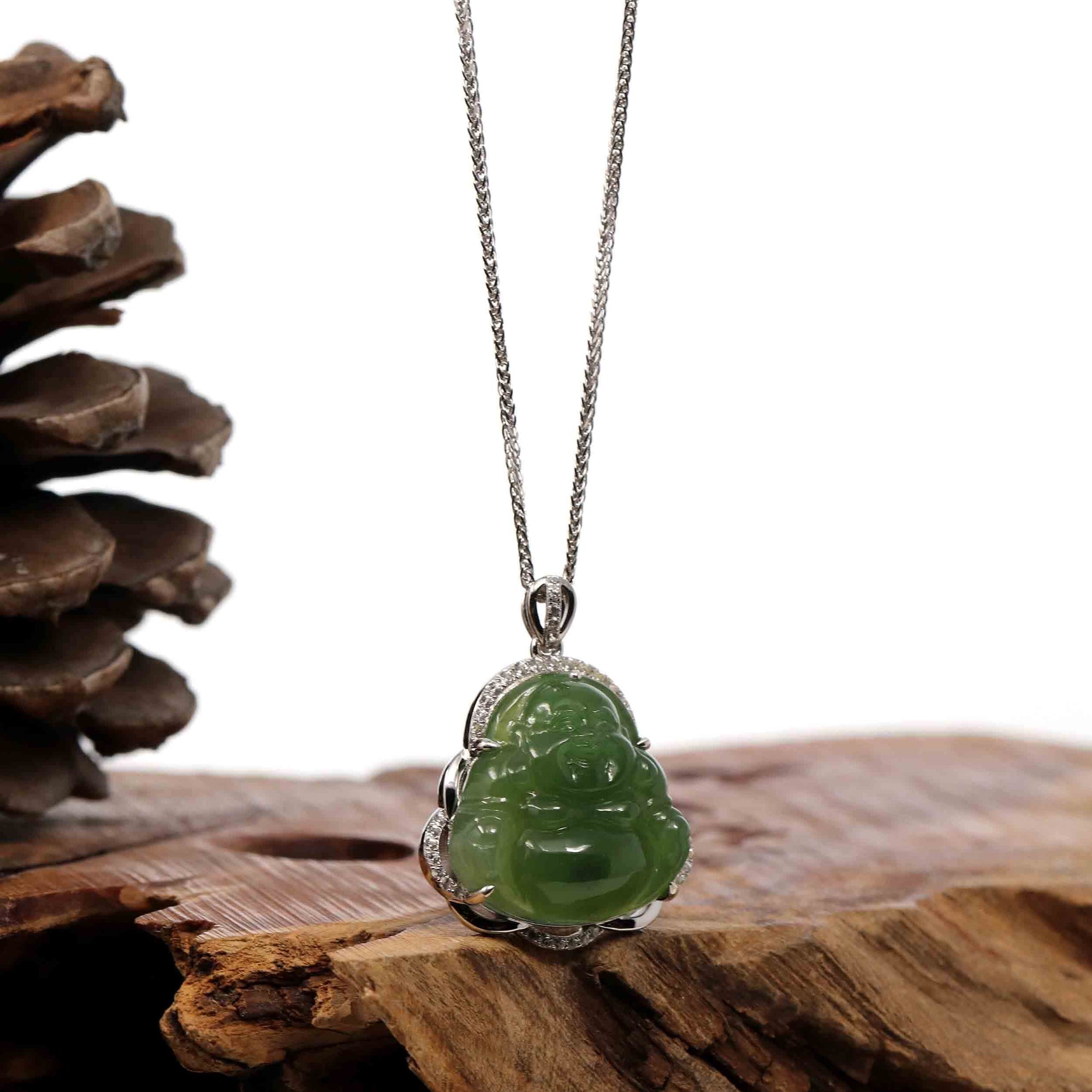 Baikalla Baikalla™ Sterling Silver Genuine Nephrite Green Jade Small Buddha Pendant Necklace