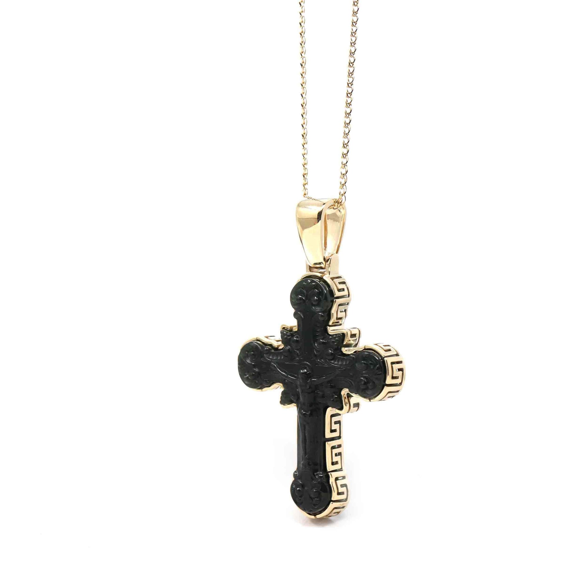 Baikalla Jewelry 24K Pure Yellow Gold Pendant 14K Yellow Gold & Black Nephrite Jade Crucifix Pendant