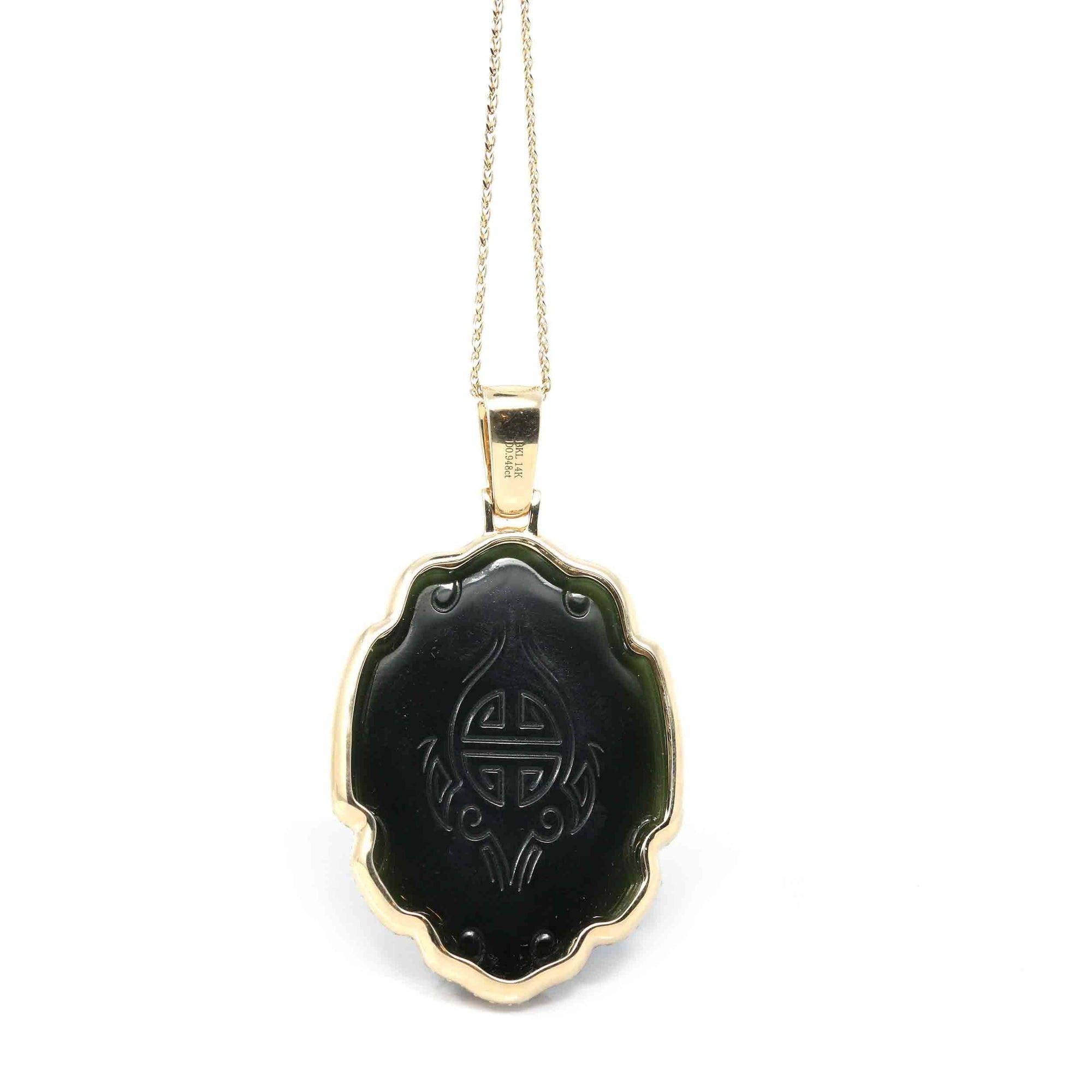 Baikalla Jewelry Gold Jade Pendant Copy of Copy of Copy of Baikalla™ 14K Yellow Gold Genuine Nephrite Dark Green Jade &quot; Da Hei Tian &quot; Pendant Necklace