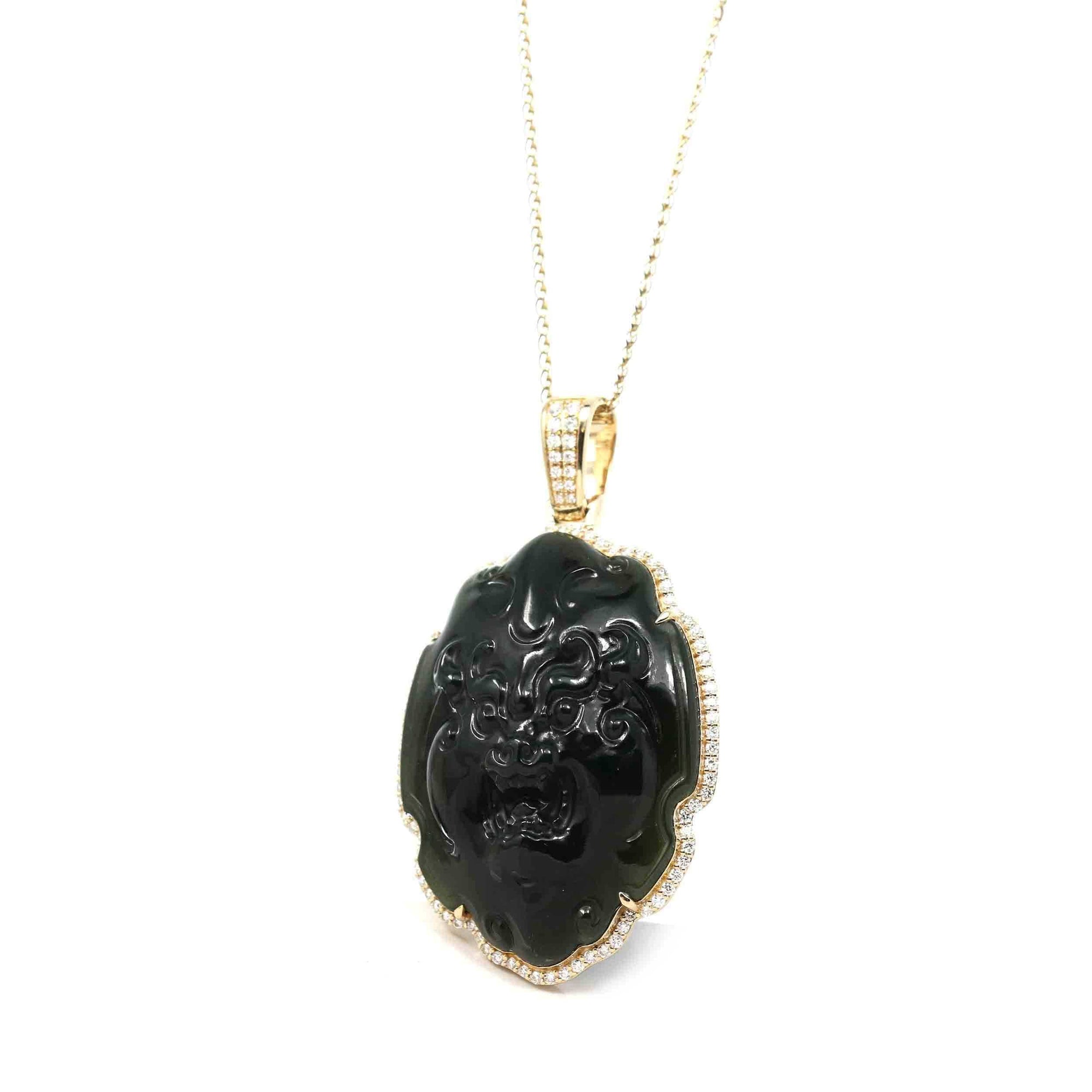 Baikalla Jewelry Gold Jade Pendant Copy of Copy of Copy of Baikalla™ 14K Yellow Gold Genuine Nephrite Dark Green Jade &quot; Da Hei Tian &quot; Pendant Necklace