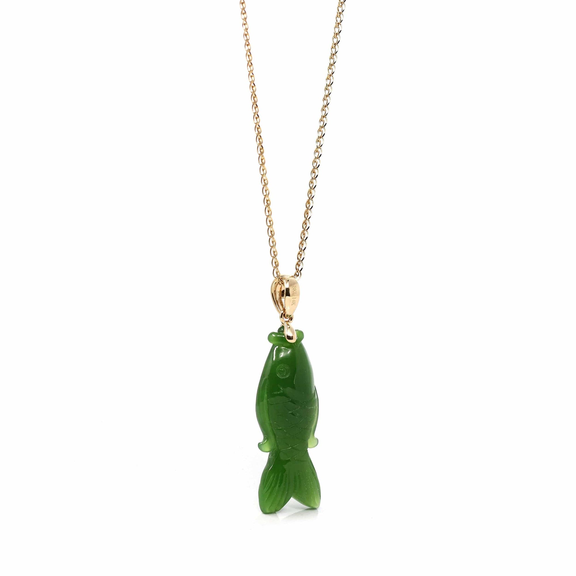 Baikalla Jewelry Gold Jade Necklace Copy of Baikalla™ : " Gold Fish " 14k Yellow Gold Genuine Nephrite Green Jade Pendant Necklace