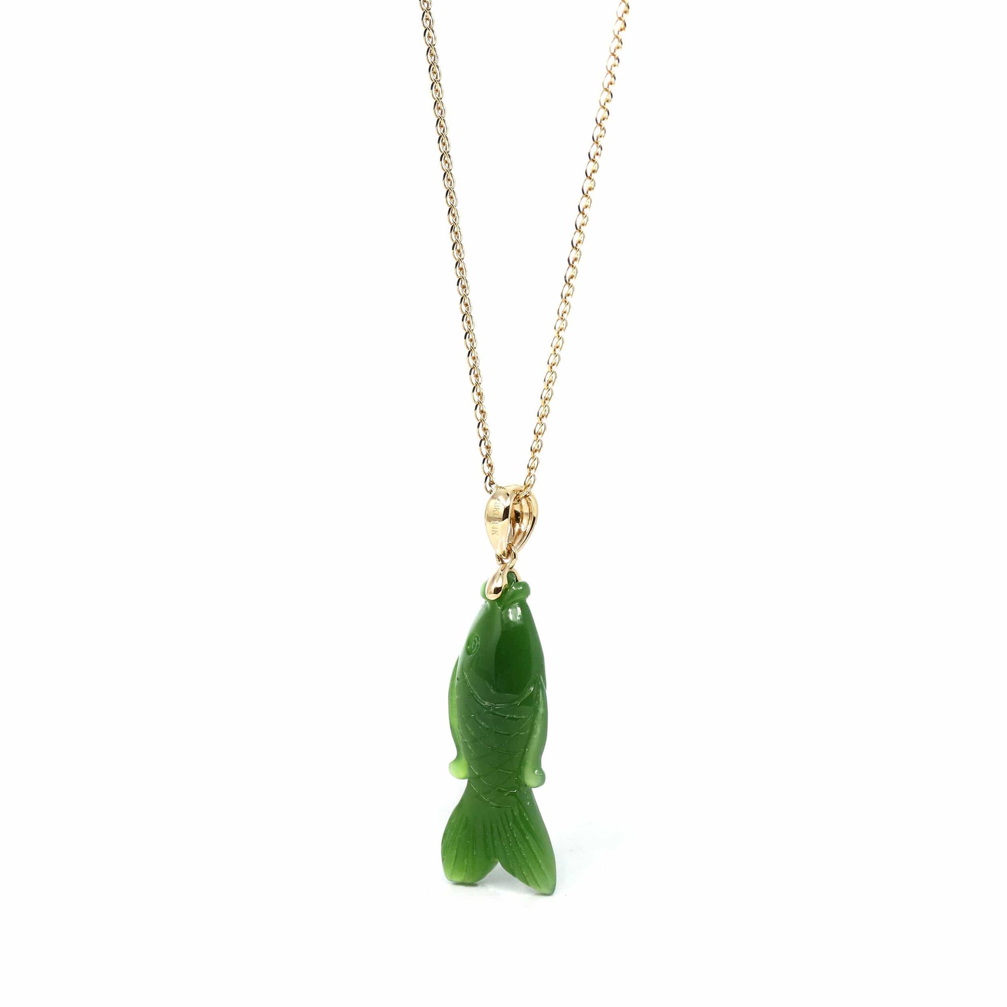 Baikalla Jewelry Gold Jade Necklace Copy of Baikalla™ : &quot; Gold Fish &quot; 14k Yellow Gold Genuine Nephrite Green Jade Pendant Necklace