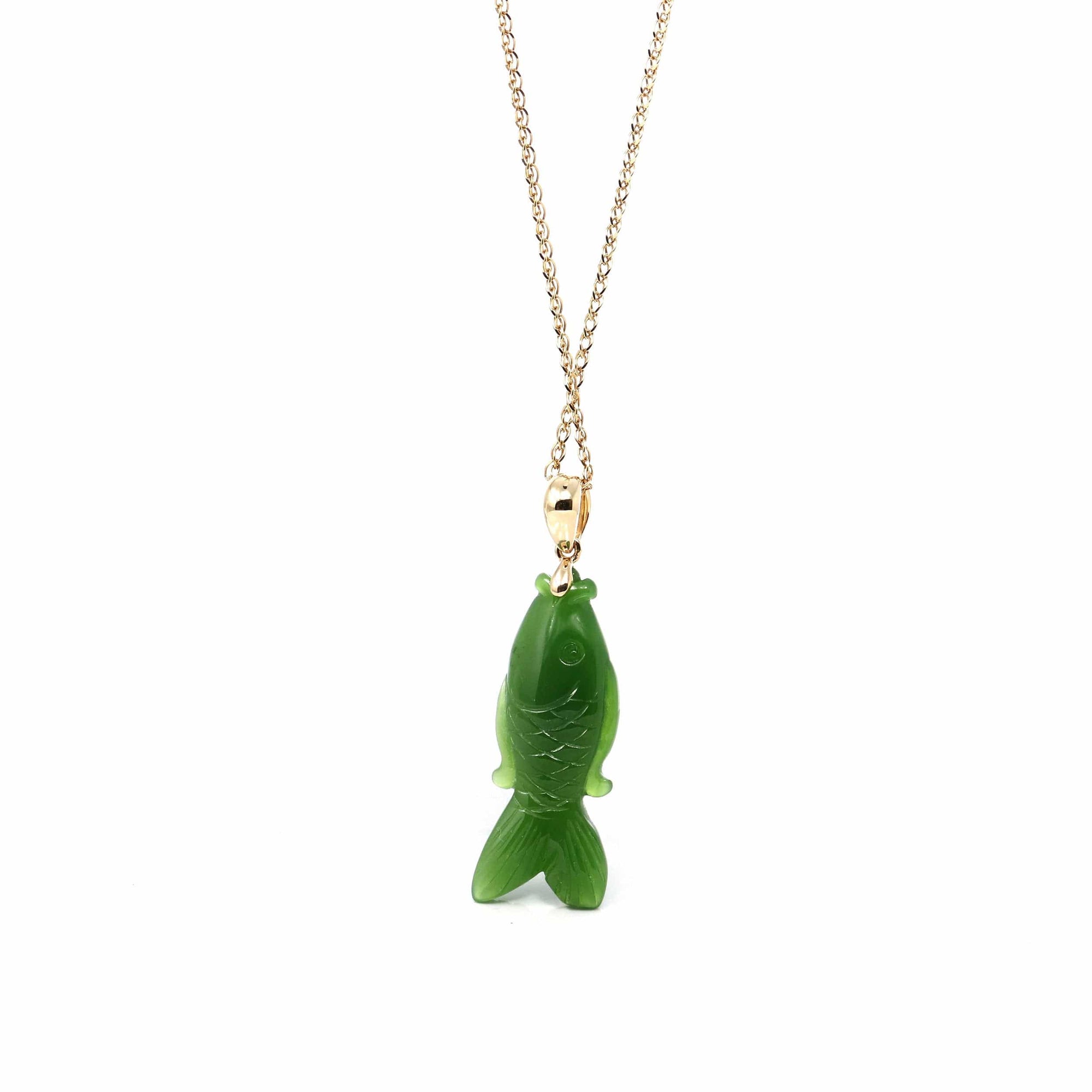 Baikalla Jewelry Gold Jade Necklace Copy of Baikalla™ : &quot; Gold Fish &quot; 14k Yellow Gold Genuine Nephrite Green Jade Pendant Necklace