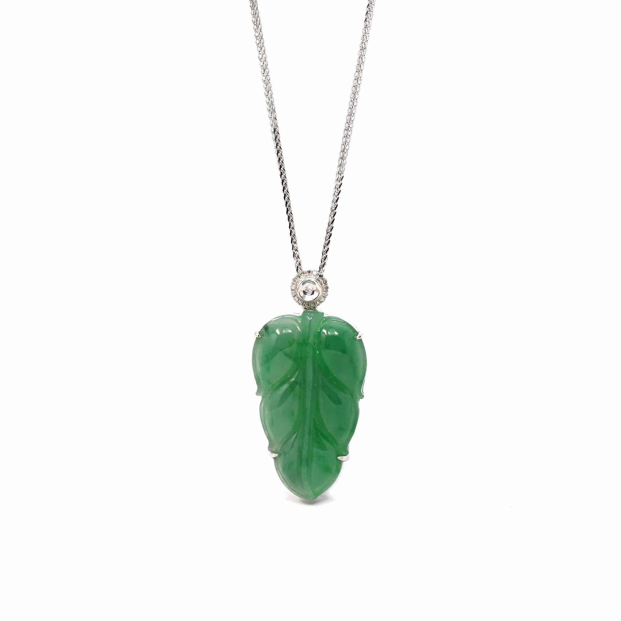 Baikalla Jewelry Jade Guanyin Pendant Necklace Copy of Copy of Copy of Genuine Ice Jadeite Jade Jin Zhi Yu Ye (Leaf) Necklace With Rose Gold VSI Diamond Bail