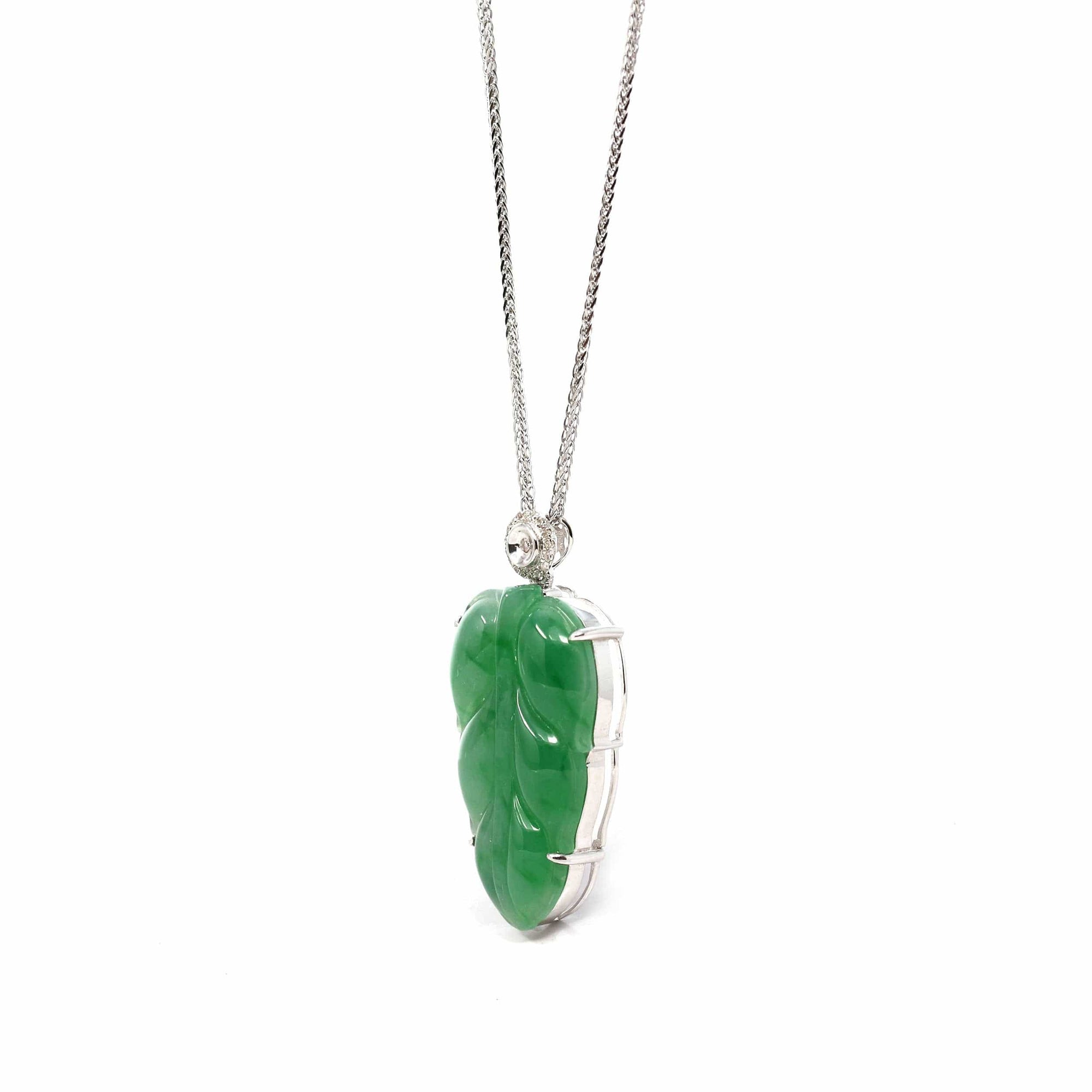 Baikalla Jewelry Jade Guanyin Pendant Necklace Copy of Copy of Copy of Genuine Ice Jadeite Jade Jin Zhi Yu Ye (Leaf) Necklace With Rose Gold VSI Diamond Bail