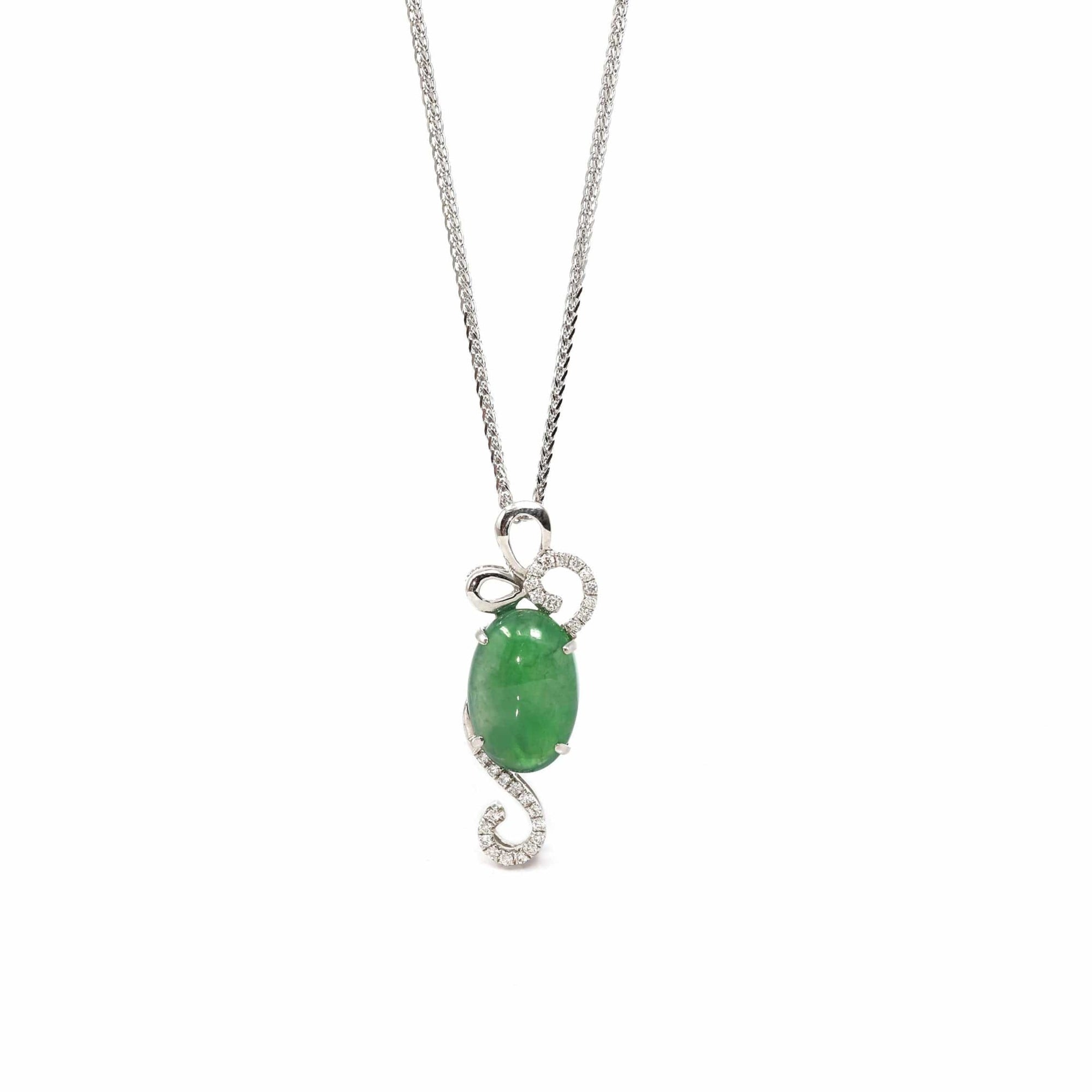 Baikalla Jewelry 18k Gold Jadeite Necklace 18K White Gold Oval Imperial Jadeite Jade Cabochon Necklace with Diamonds