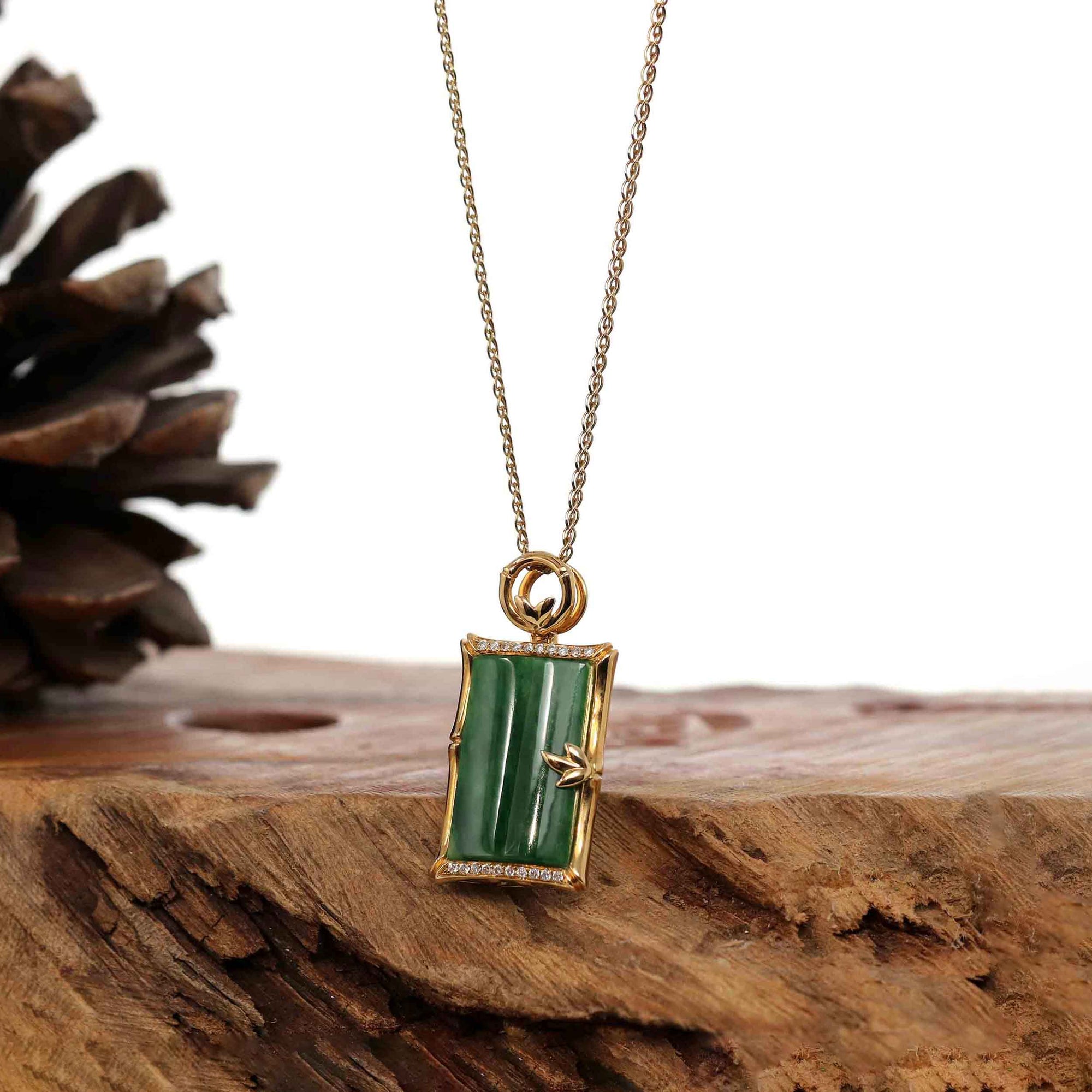 Baikalla Jewelry 18k Gold Jadeite Necklace 18k White Gold Genuine Burmese Jadeite Bamboo Pendant Necklace With Diamond