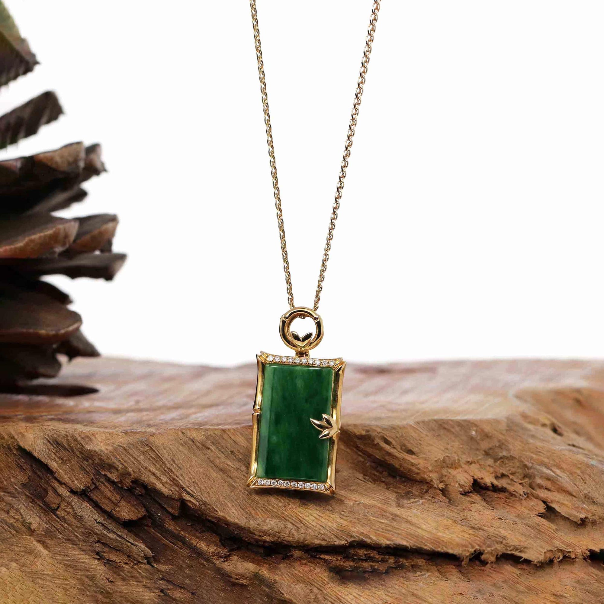 Baikalla Jewelry 18k Gold Jadeite Necklace 18k White Gold Genuine Burmese Jadeite Bamboo Pendant Necklace With Diamond