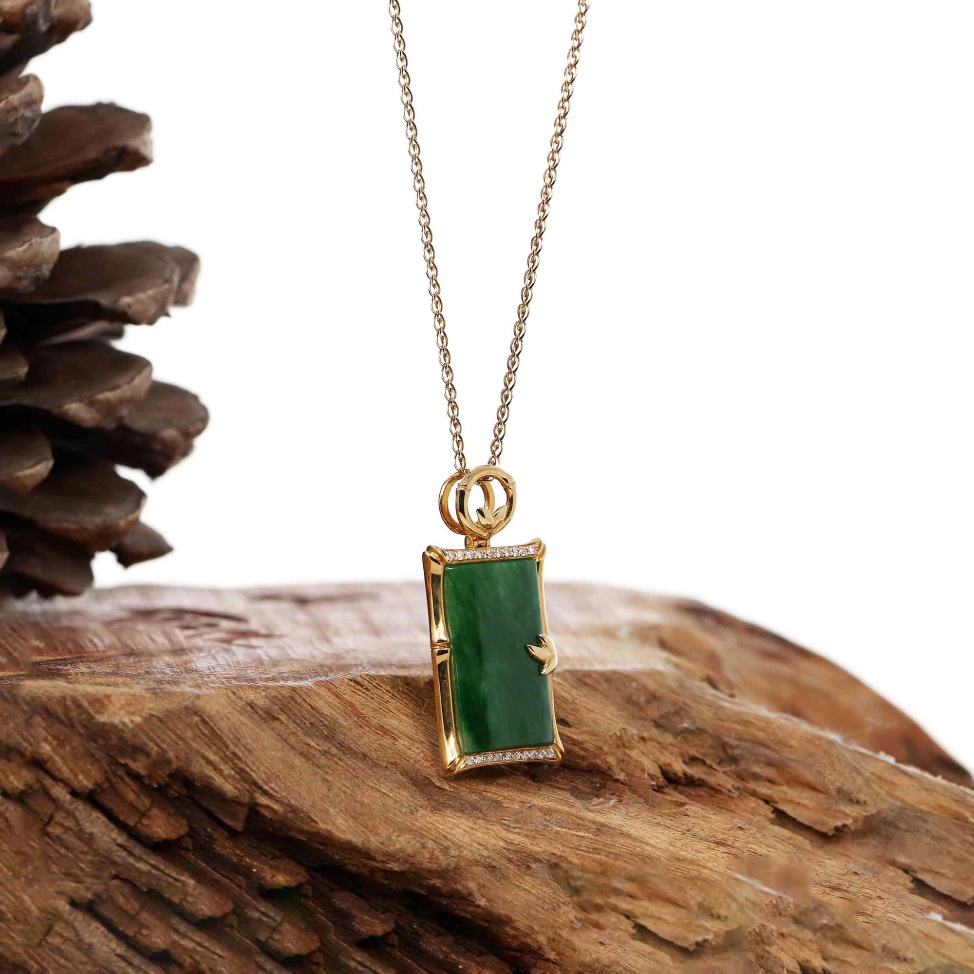 Baikalla Jewelry 18k Gold Jadeite Necklace 18k White Gold Genuine Burmese Jadeite Bamboo Pendant Necklace With Diamond