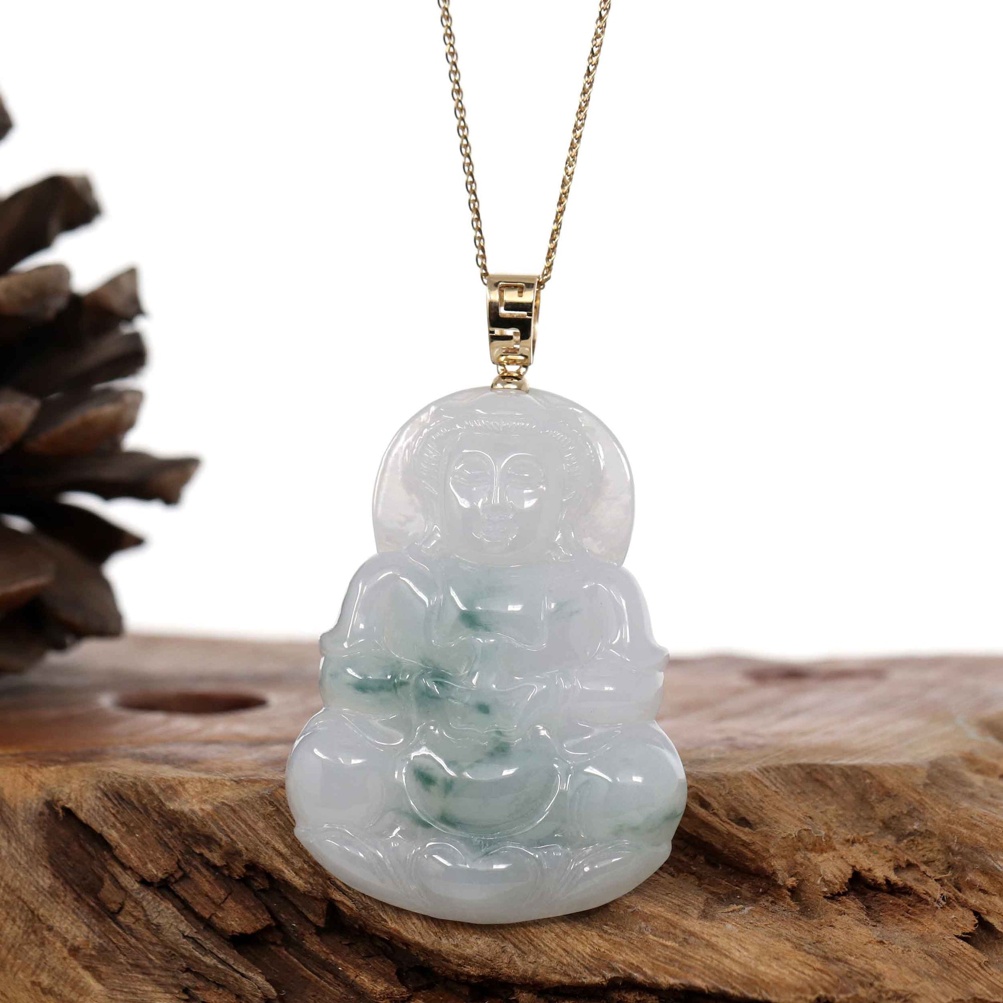 Baikalla Jewelry Jade Guanyin Pendant Necklace Copy of &quot;Goddess of Compassion&quot; Genuine Burmese Ice Blue Jadeite Jade Guanyin Necklace With Good Luck Design 14k Yellow Gold Bail