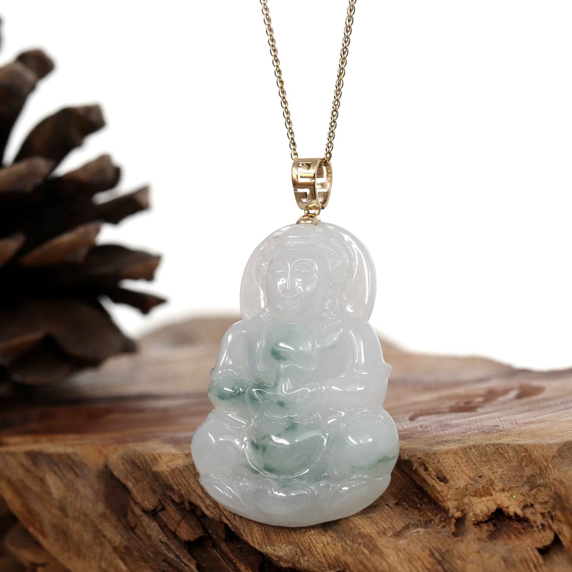 Baikalla Jewelry Jade Guanyin Pendant Necklace Copy of &quot;Goddess of Compassion&quot; Genuine Burmese Ice Blue Jadeite Jade Guanyin Necklace With Good Luck Design 14k Yellow Gold Bail