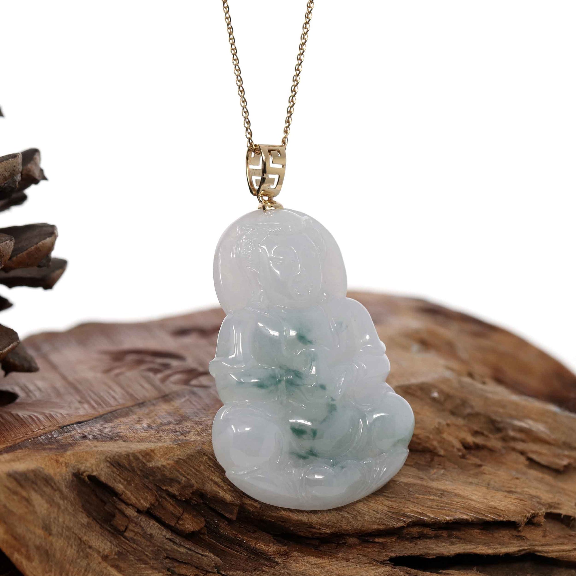 Baikalla Jewelry Jade Guanyin Pendant Necklace Copy of &quot;Goddess of Compassion&quot; Genuine Burmese Ice Blue Jadeite Jade Guanyin Necklace With Good Luck Design 14k Yellow Gold Bail