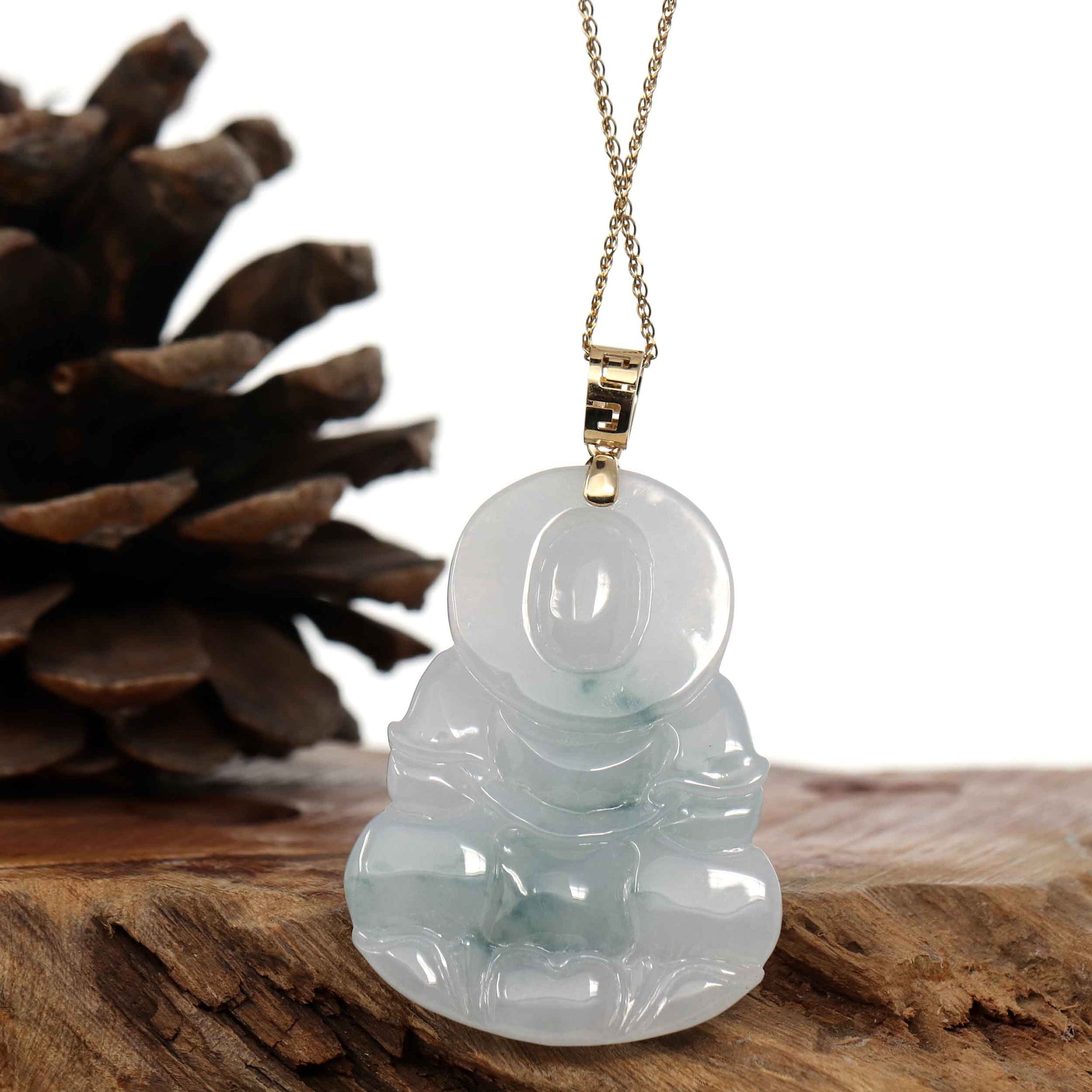 Baikalla Jewelry Jade Guanyin Pendant Necklace Copy of &quot;Goddess of Compassion&quot; Genuine Burmese Ice Blue Jadeite Jade Guanyin Necklace With Good Luck Design 14k Yellow Gold Bail