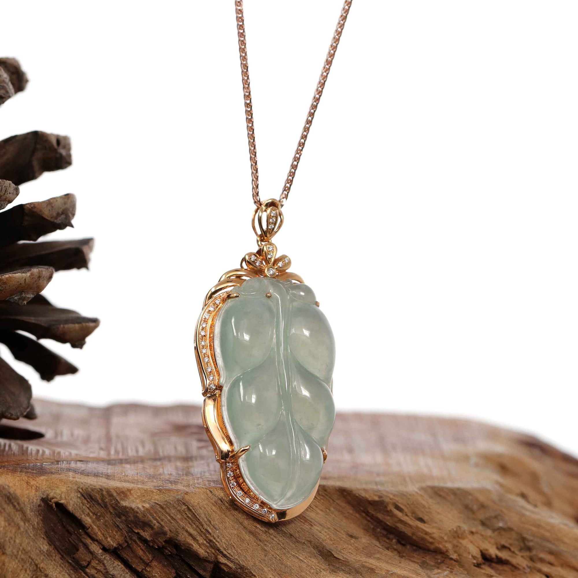 Baikalla Jewelry Jade Guanyin Pendant Necklace Copy of Copy of Genuine Ice Jadeite Jade Jin Zhi Yu Ye (Leaf) Necklace With Rose Gold VSI Diamond Bail