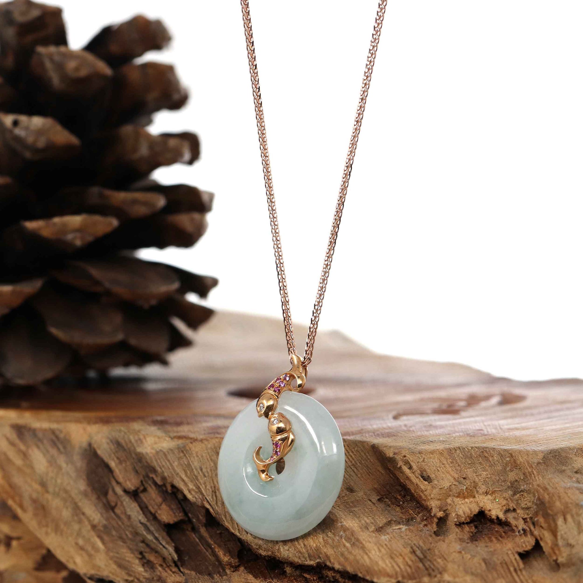 Baikalla Jewelry Gold Jadeite Pendant Copy of 18k Rose Gold Genuine Jadeite Constellation (Pisces) Necklace with Diamonds & Tourmaline