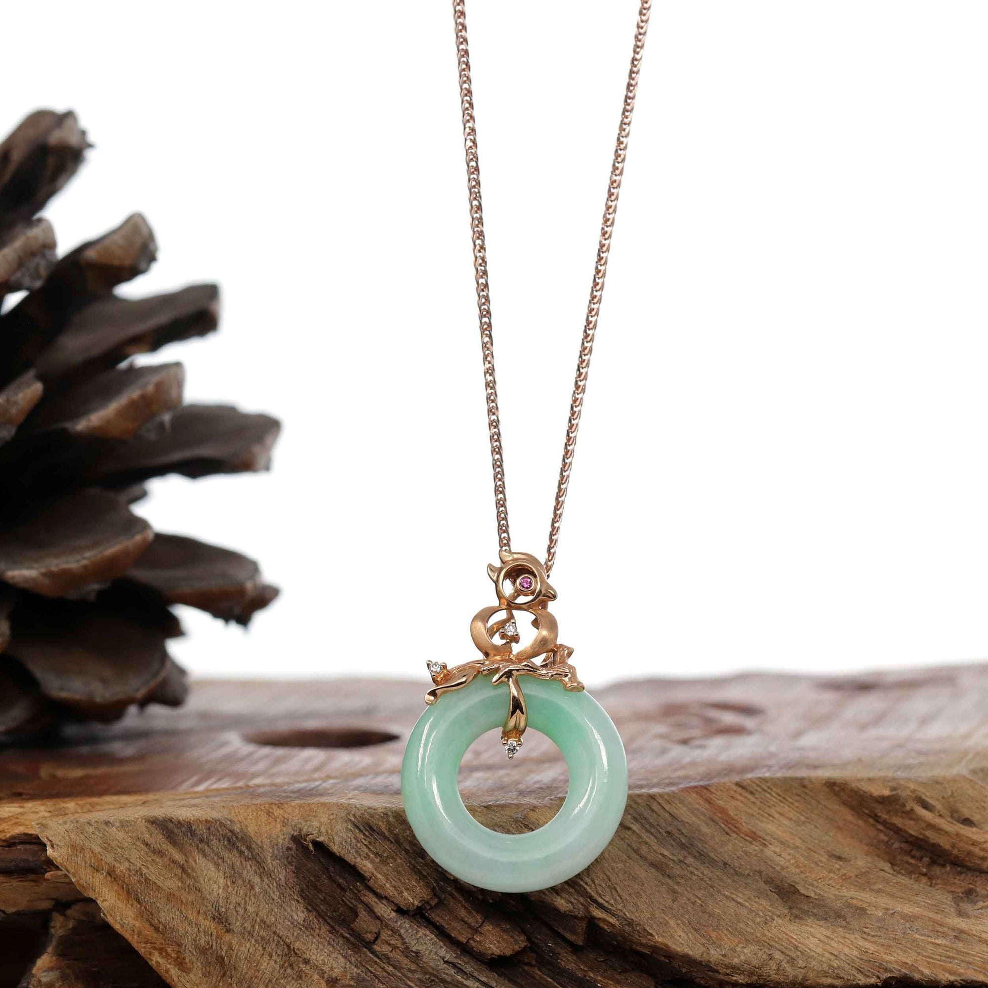 Baikalla Jewelry 18k Gold Jadeite Necklace Copy of Baikalla™ "Good Luck Birdie" 18k Rose Gold Genuine Burmese Jadeite Lucky Kou Kou Pendant Necklace With AA Tourmaline & Diamonds