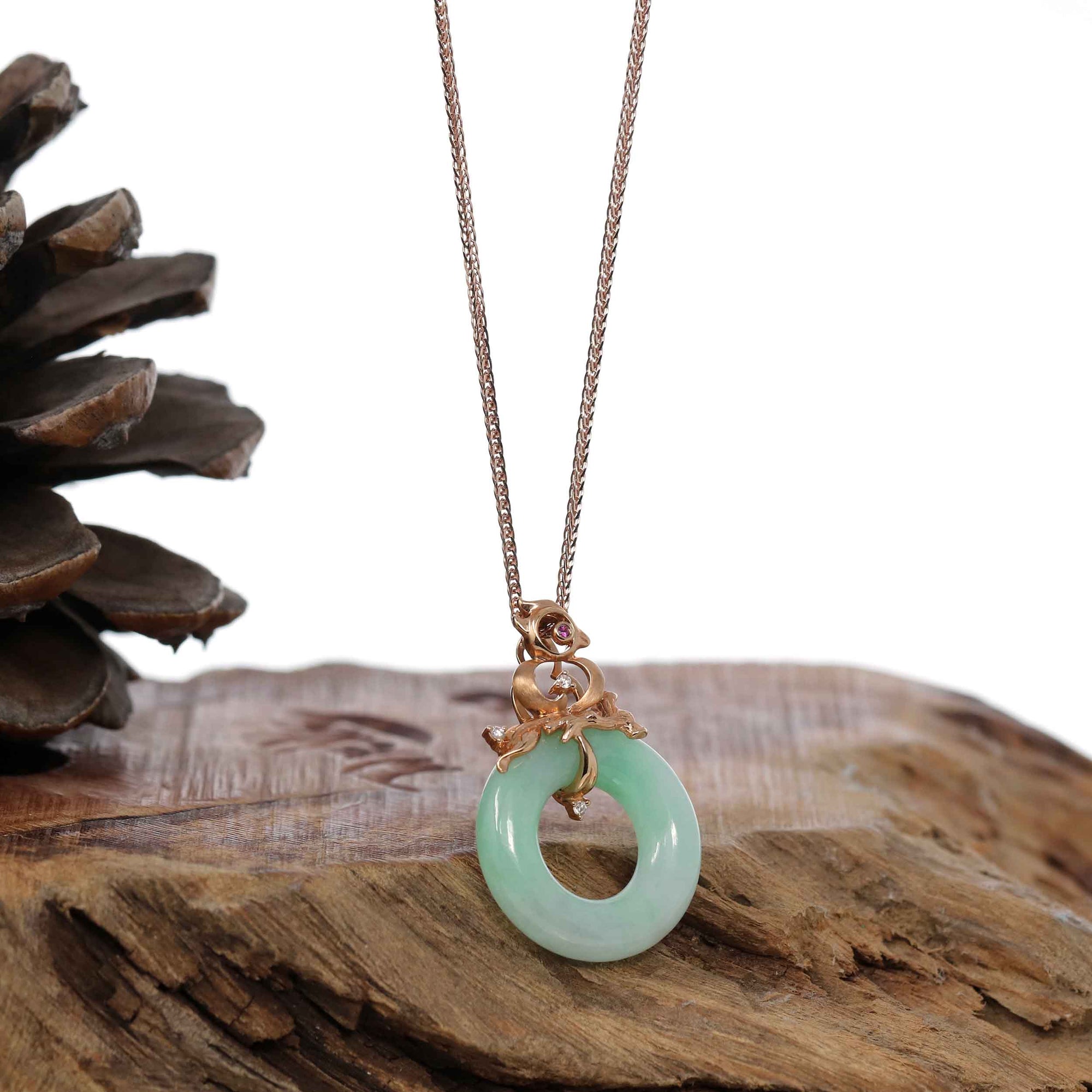 Baikalla Jewelry 18k Gold Jadeite Necklace Copy of Baikalla™ "Good Luck Birdie" 18k Rose Gold Genuine Burmese Jadeite Lucky Kou Kou Pendant Necklace With AA Tourmaline & Diamonds