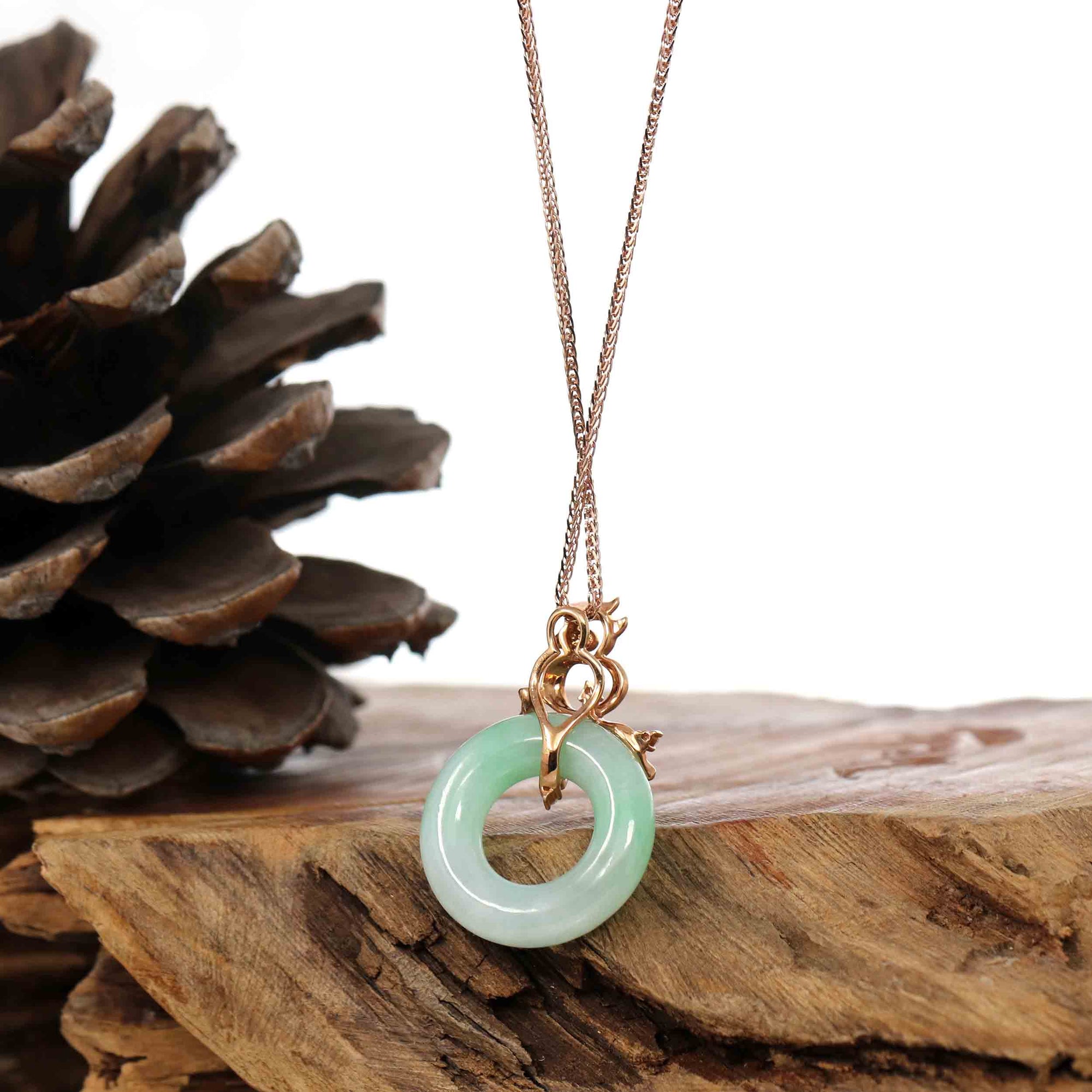 Baikalla Jewelry 18k Gold Jadeite Necklace Copy of Baikalla™ "Good Luck Birdie" 18k Rose Gold Genuine Burmese Jadeite Lucky Kou Kou Pendant Necklace With AA Tourmaline & Diamonds