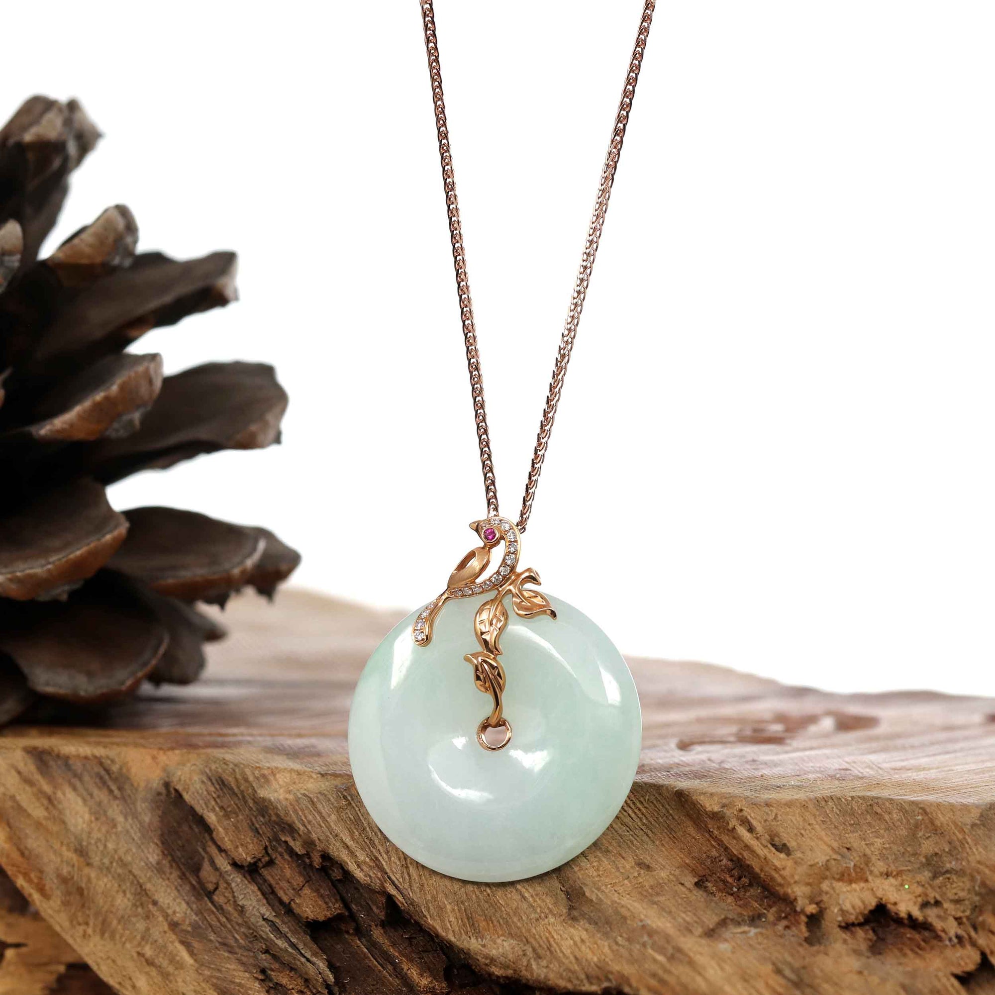 Baikalla Jewelry 18k Gold Jadeite Necklace Copy of Copy of Baikalla™ &quot;Good Luck Birdie&quot; 18k Rose Gold Genuine Burmese Jadeite Lucky Kou Kou Pendant Necklace With AA Tourmaline &amp; Diamonds