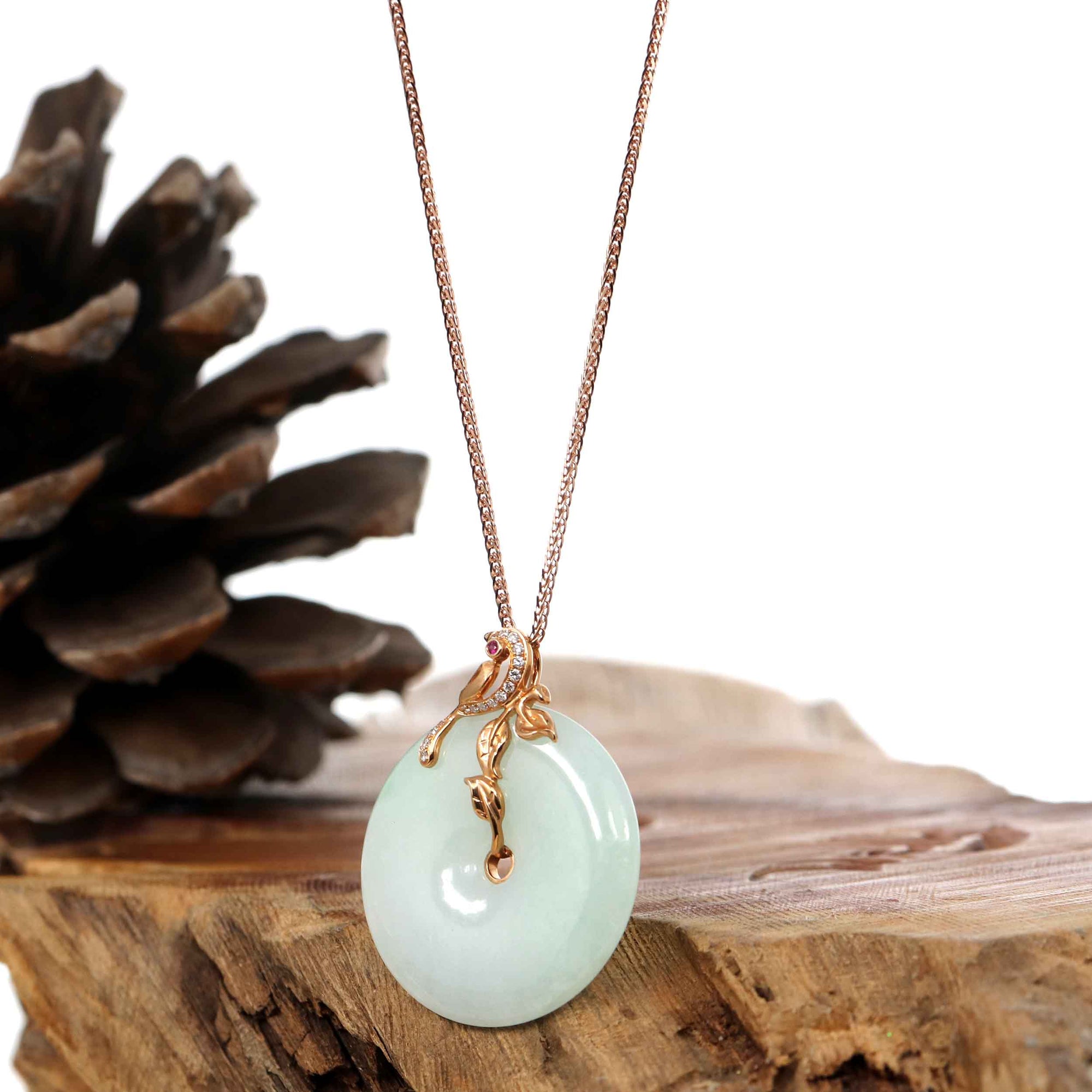 Baikalla Jewelry 18k Gold Jadeite Necklace Copy of Copy of Baikalla™ &quot;Good Luck Birdie&quot; 18k Rose Gold Genuine Burmese Jadeite Lucky Kou Kou Pendant Necklace With AA Tourmaline &amp; Diamonds