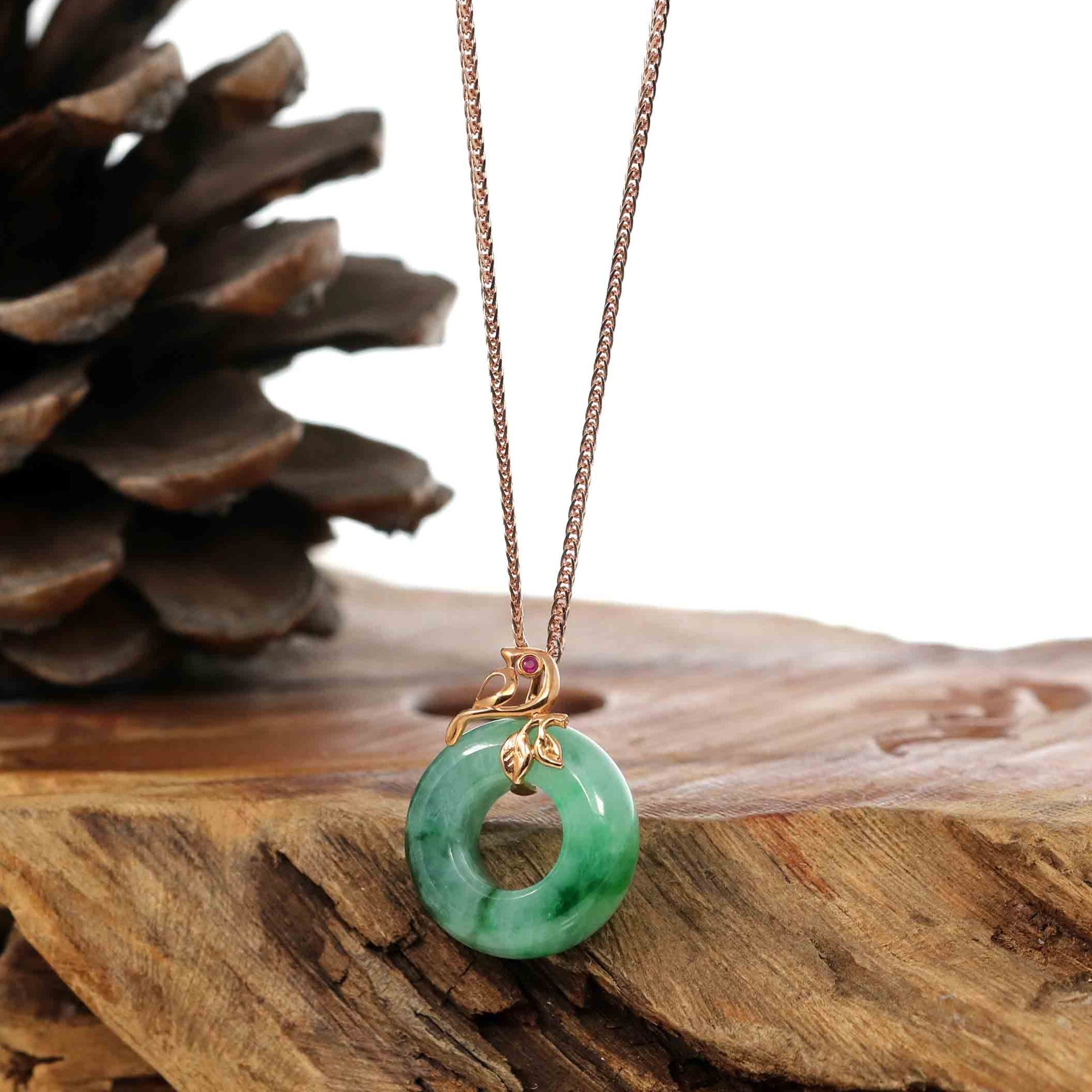 Baikalla Jewelry 18k Gold Jadeite Necklace Copy of Baikalla™ &quot;Good Luck Birdie&quot; 18k Rose Gold Genuine Burmese Jadeite Lucky Kou Kou  Pendant Necklace With AA Ruby &amp; Diamond