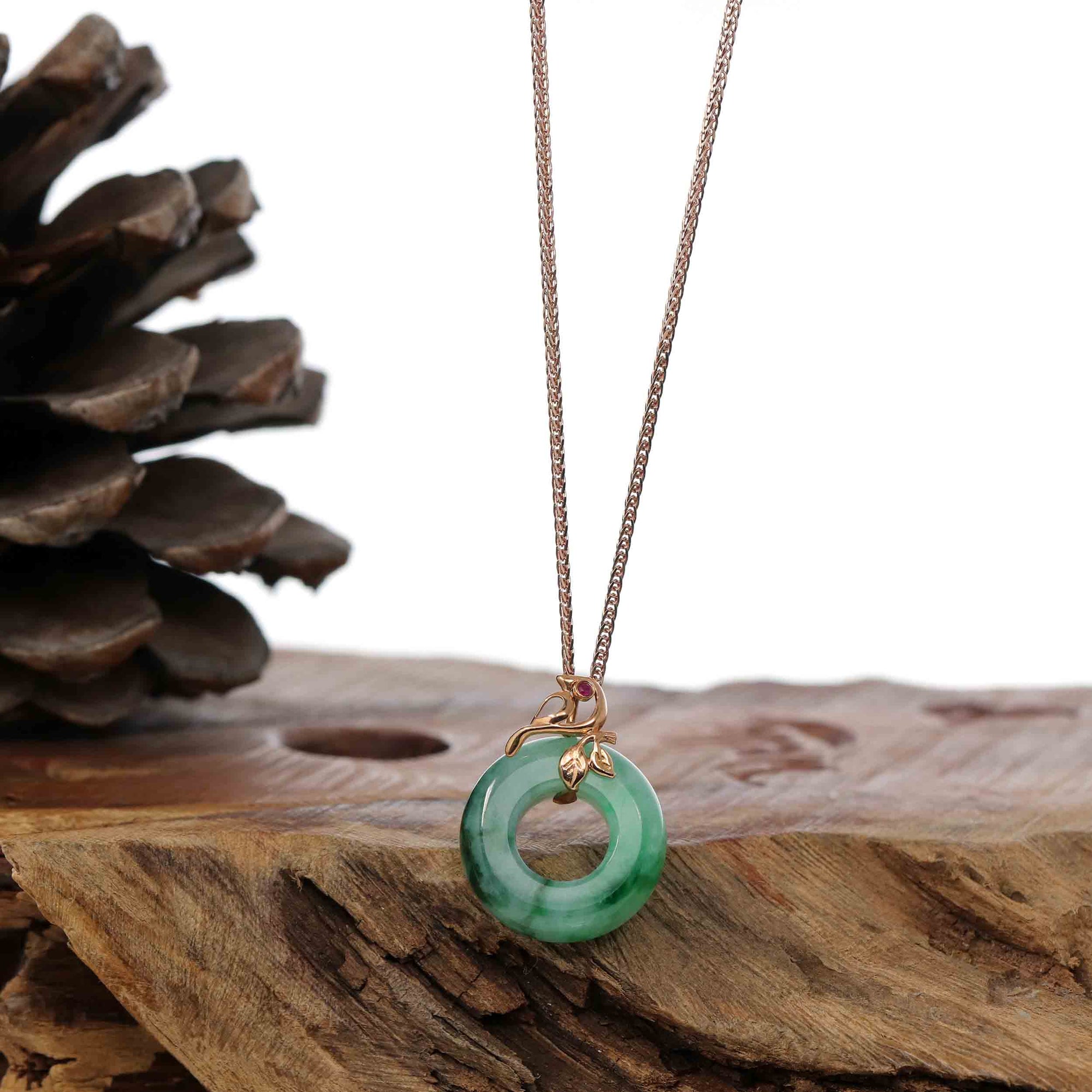 Baikalla Jewelry 18k Gold Jadeite Necklace Copy of Baikalla™ "Good Luck Birdie" 18k Rose Gold Genuine Burmese Jadeite Lucky Kou Kou  Pendant Necklace With AA Ruby & Diamond