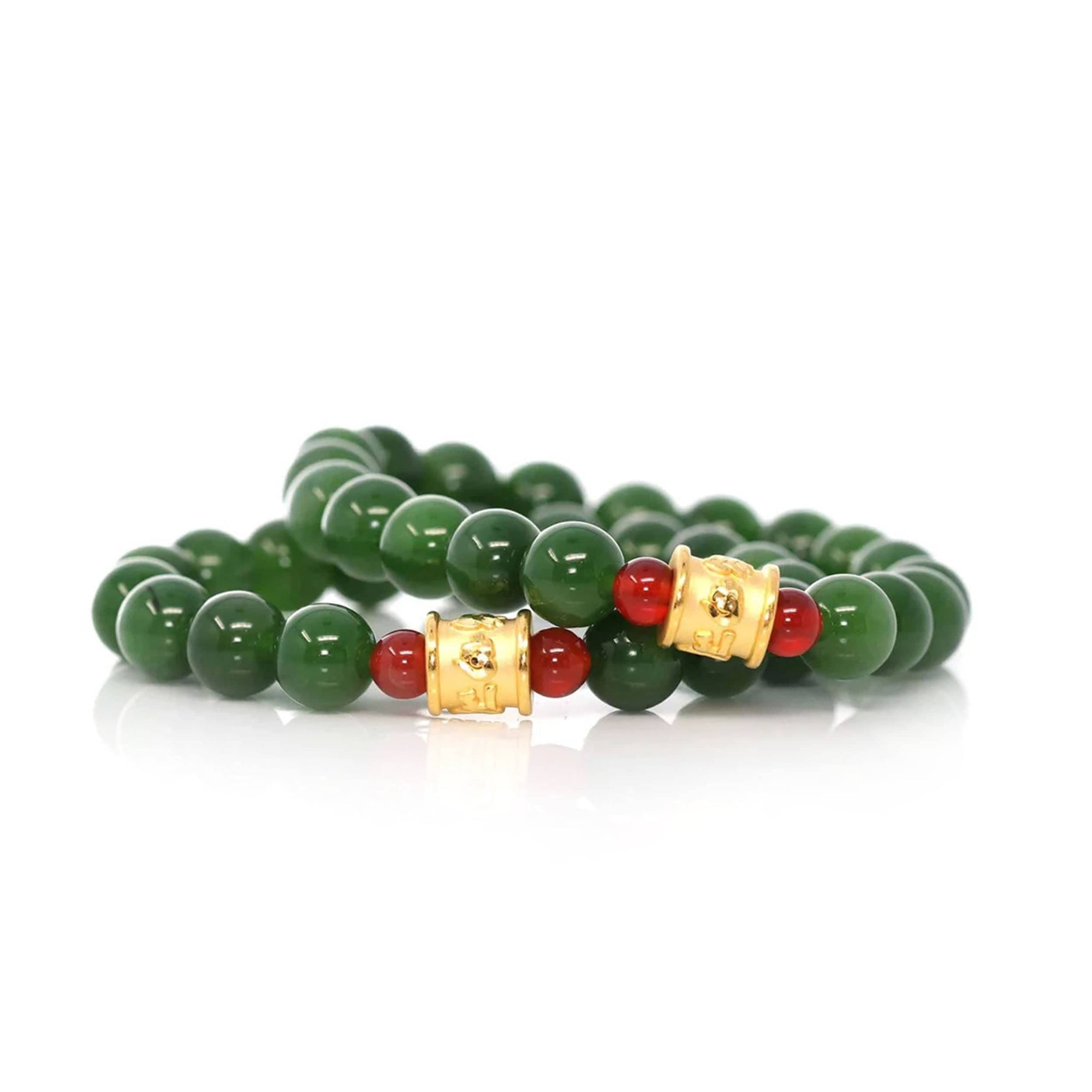 Baikalla Jewelry jade beads bracelet 24K Pure Yellow Gold Buddha Symbol Tongtong With Genuine Green Jade Round Beads Bracelet Bangle ( 9.5 mm )